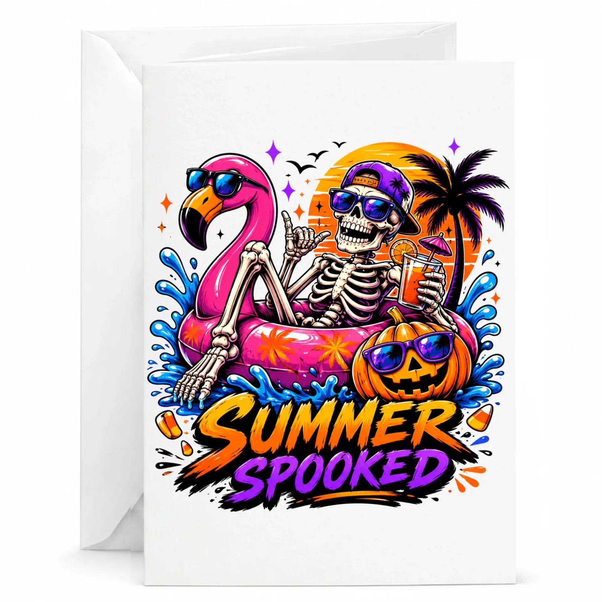 Funny Summer Spooked Greeting Card with Skeleton on for Halloween Birthday and Holiday Celebrations