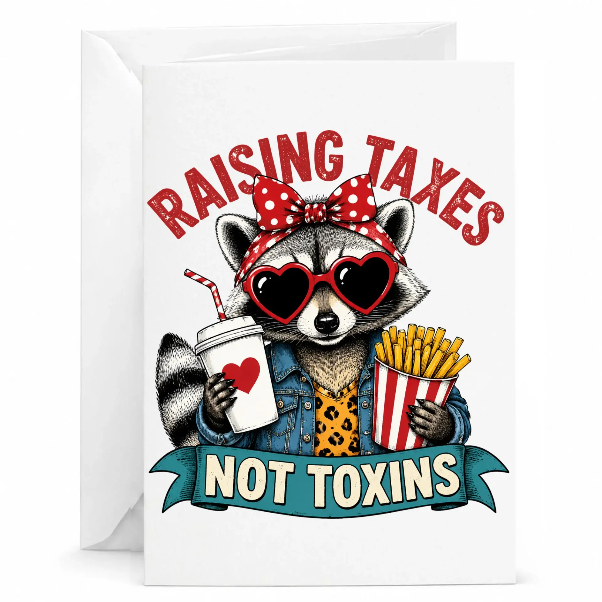 Funny Raccoon Greeting Card Raising Taxes Not Toxins Pun Artwork Printed Note for Birthday Anniversary Occasions