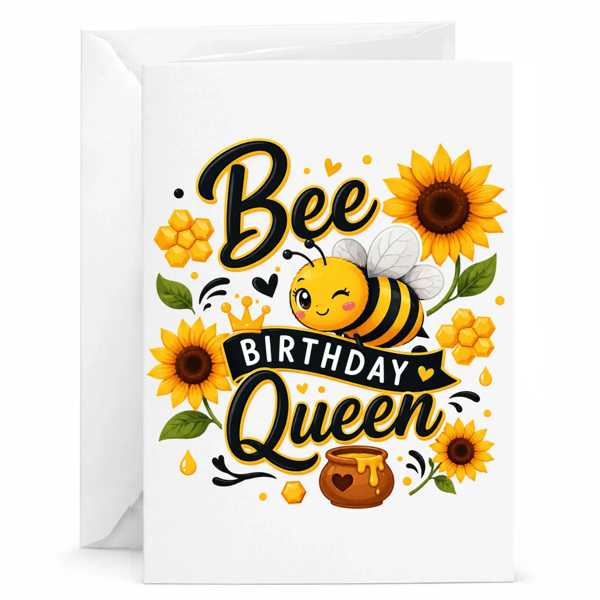 Birthday Card Bee Queen Sunflower Greeting with Envelope Premium Paper Stationery for