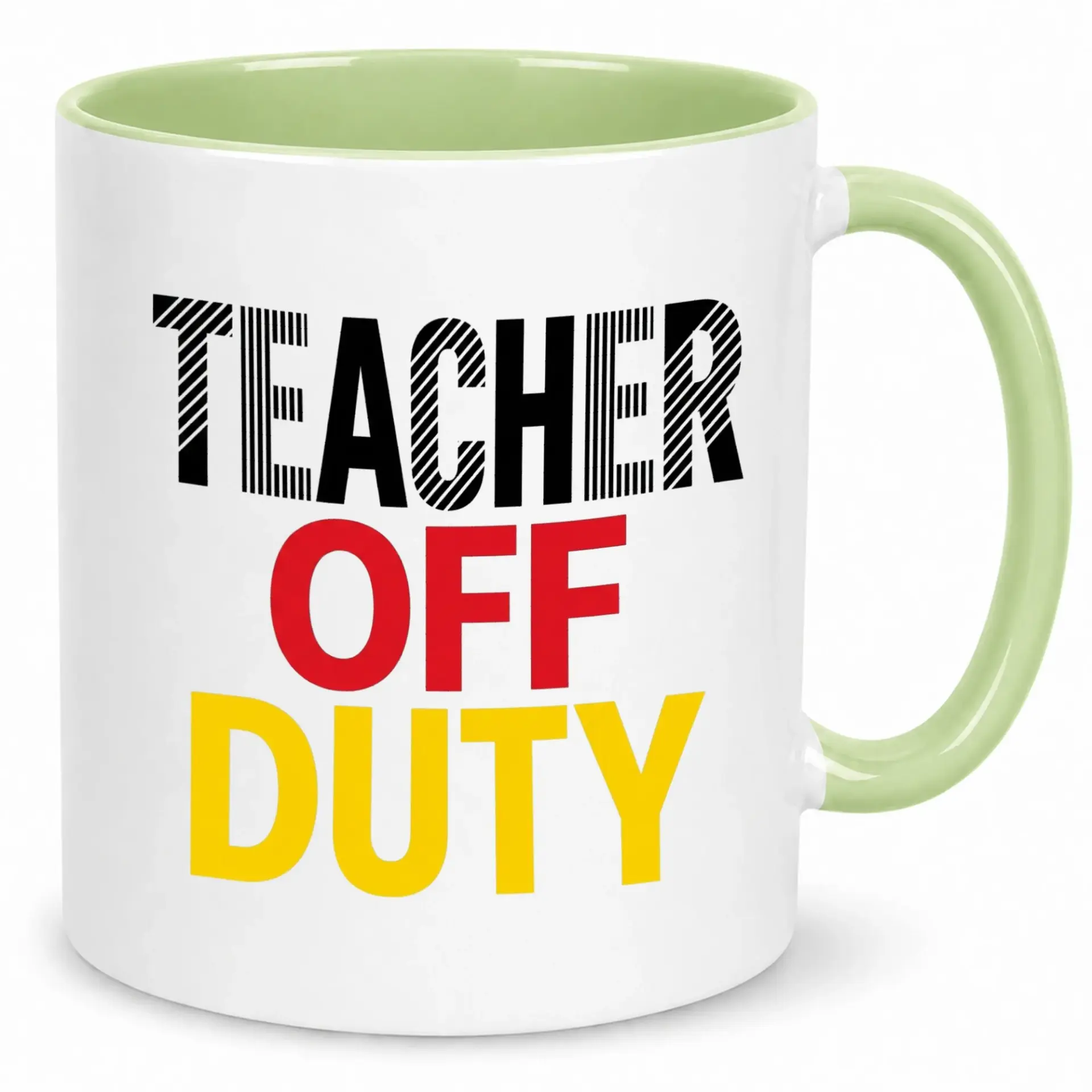 Funny Teacher Off Duty Ceramic Coffee Mug with Green Handle, 11 Oz or 15 Oz Novelty Beverage Cup, Unique Gift for Educators