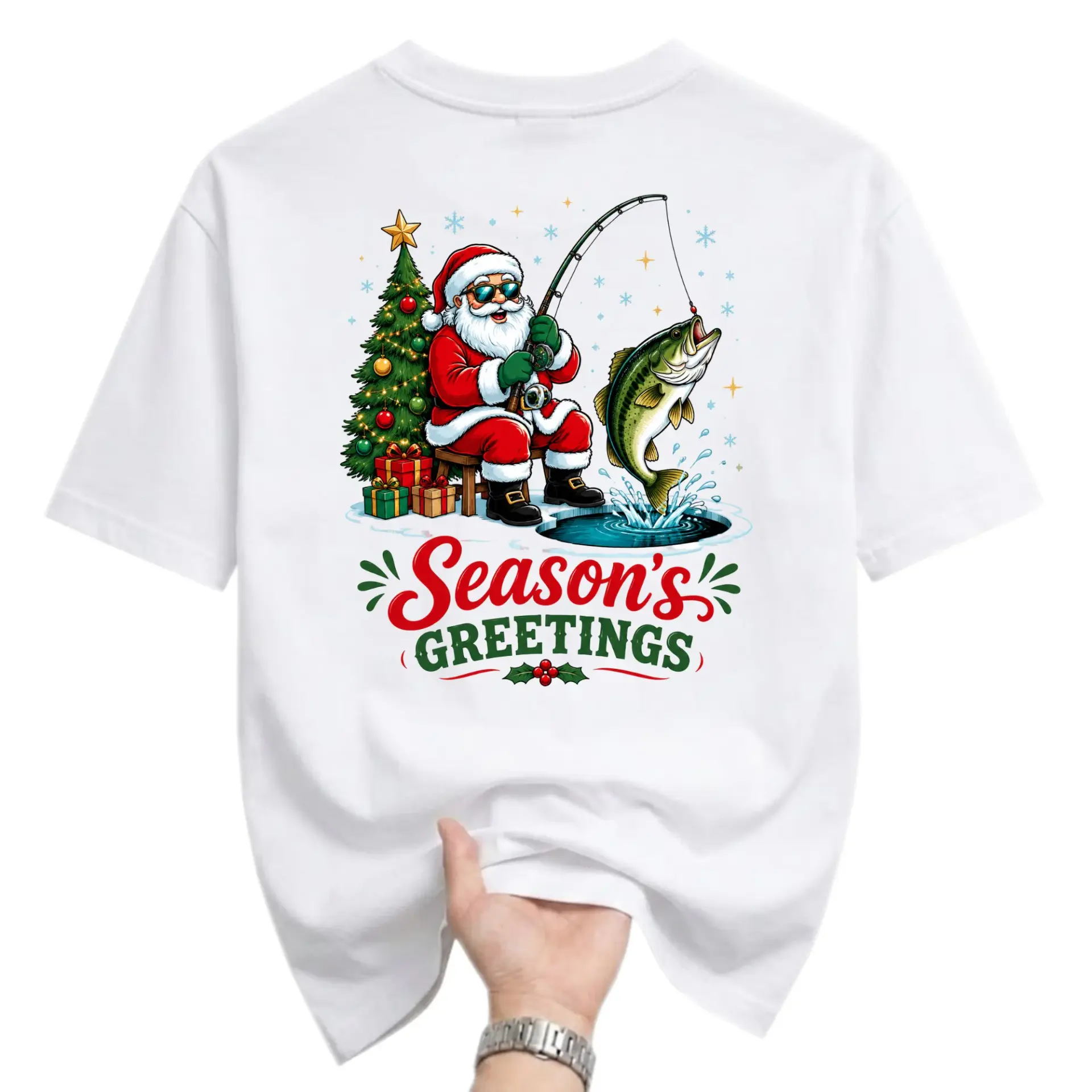 Funny Shirt Season's Greetings Fishing Santa Claus Graphic Tee Unisex