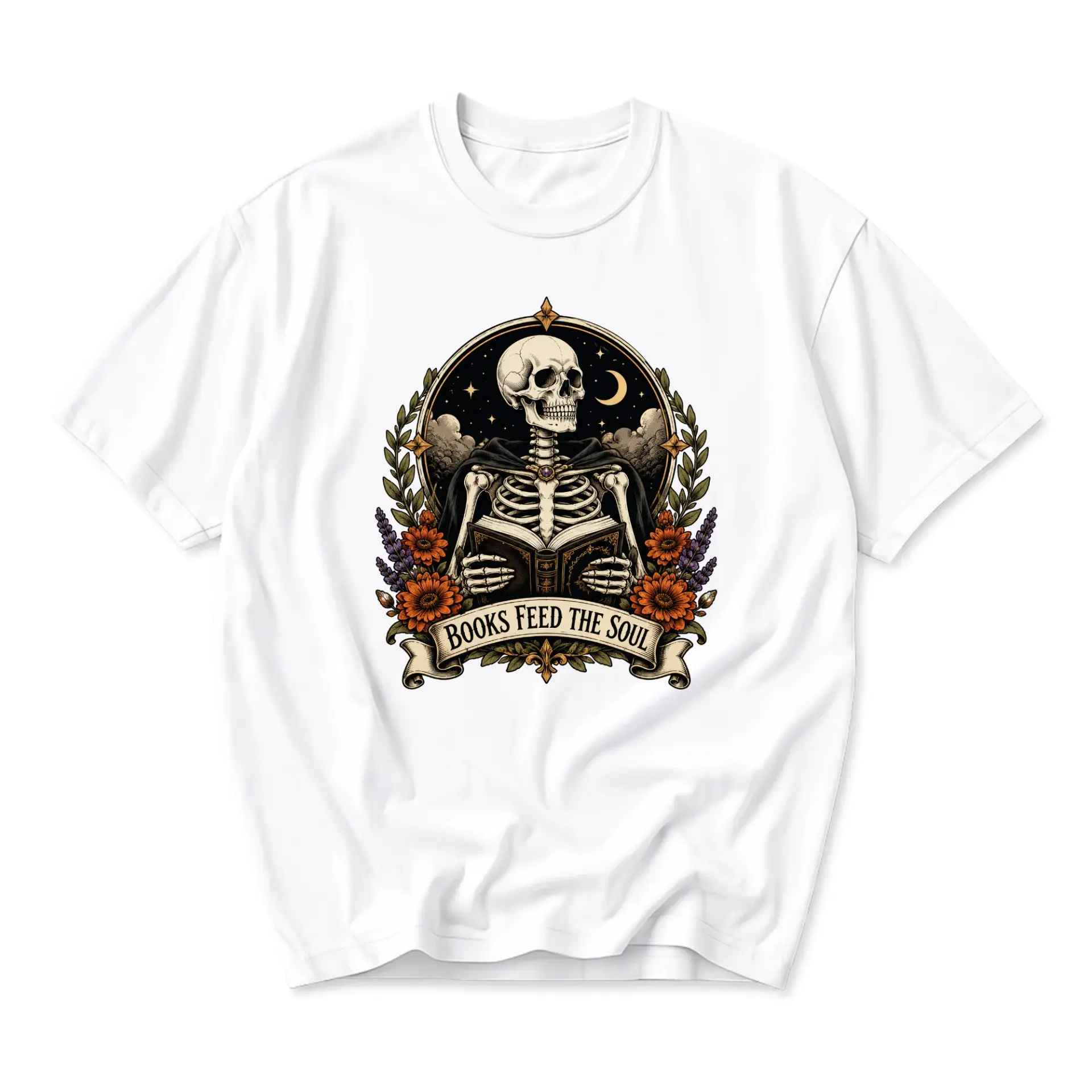 Graphic Tee Books Feed the Soul Skeleton Reading Illustration Unisex Crew Neck Soft Cotton Blend Casual Shirt
