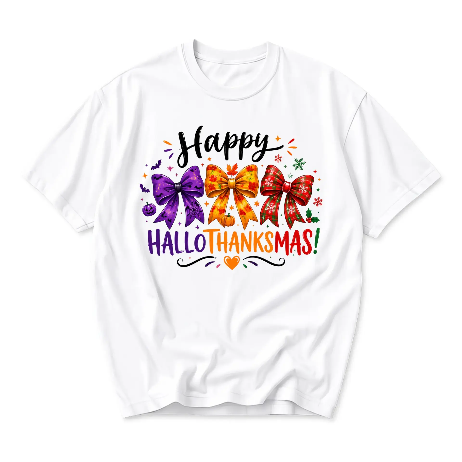 Graphic Tee Happy Hallothanksmas Seasonal Holiday T-Shirt Unisex Crew Neck Soft Cotton Blend Casual Top Apparel