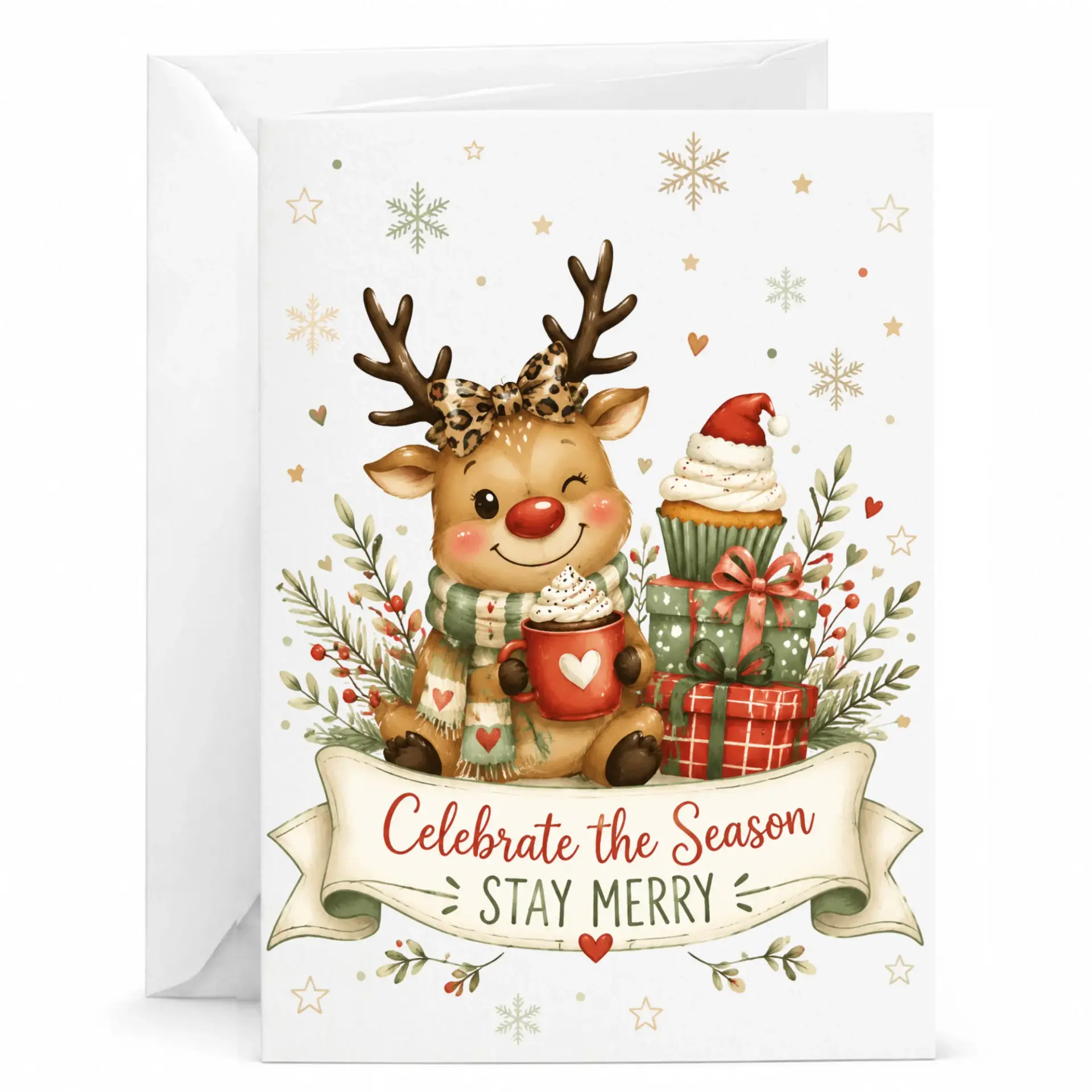 Holiday Greeting Card Celebrate the Season Featuring Cute Reindeer Illustration with Gifts and Cocoa for Festive Wishes