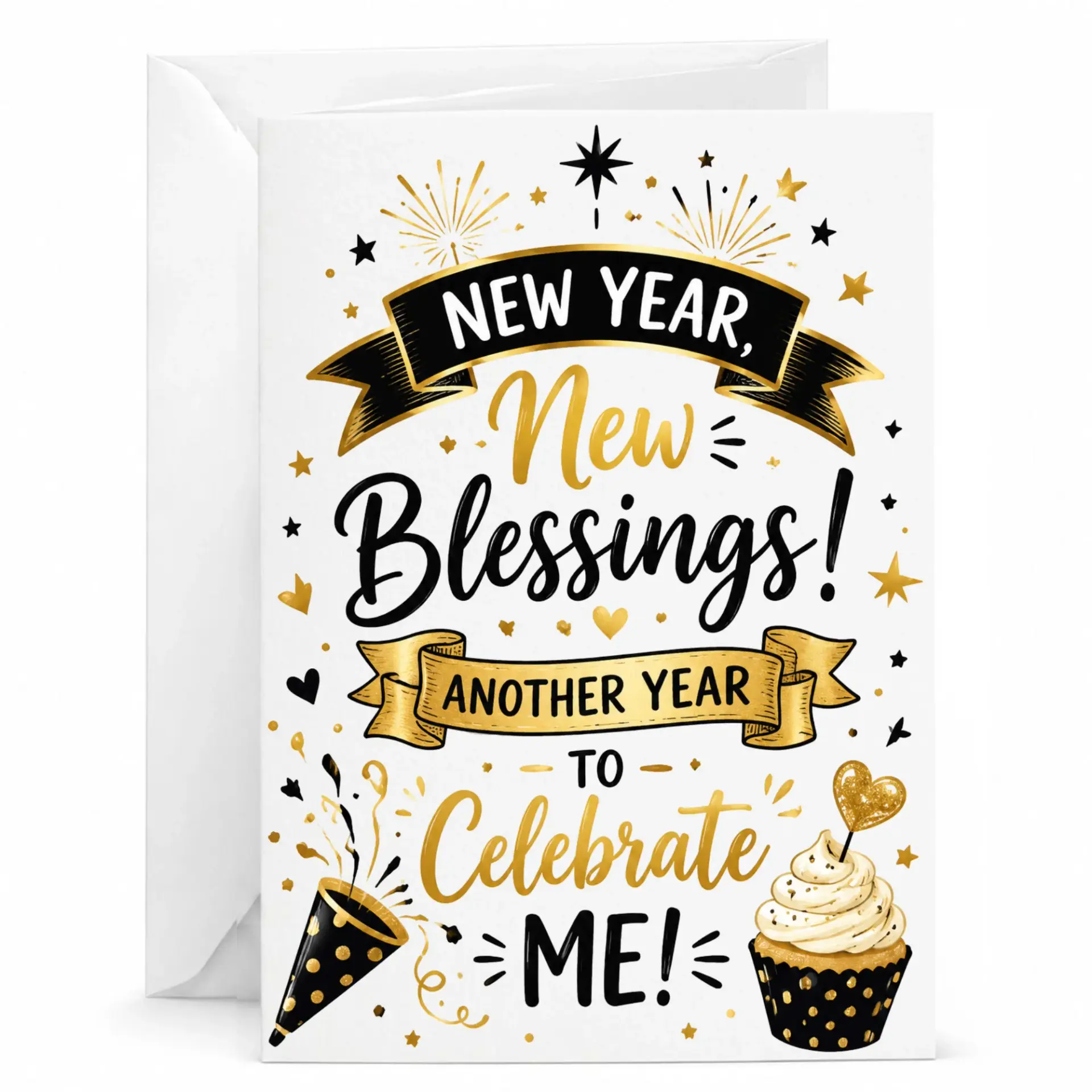 New Year Greeting Card with Gold and Black Festive Design for Holiday Celebrations Personal Well Wishes