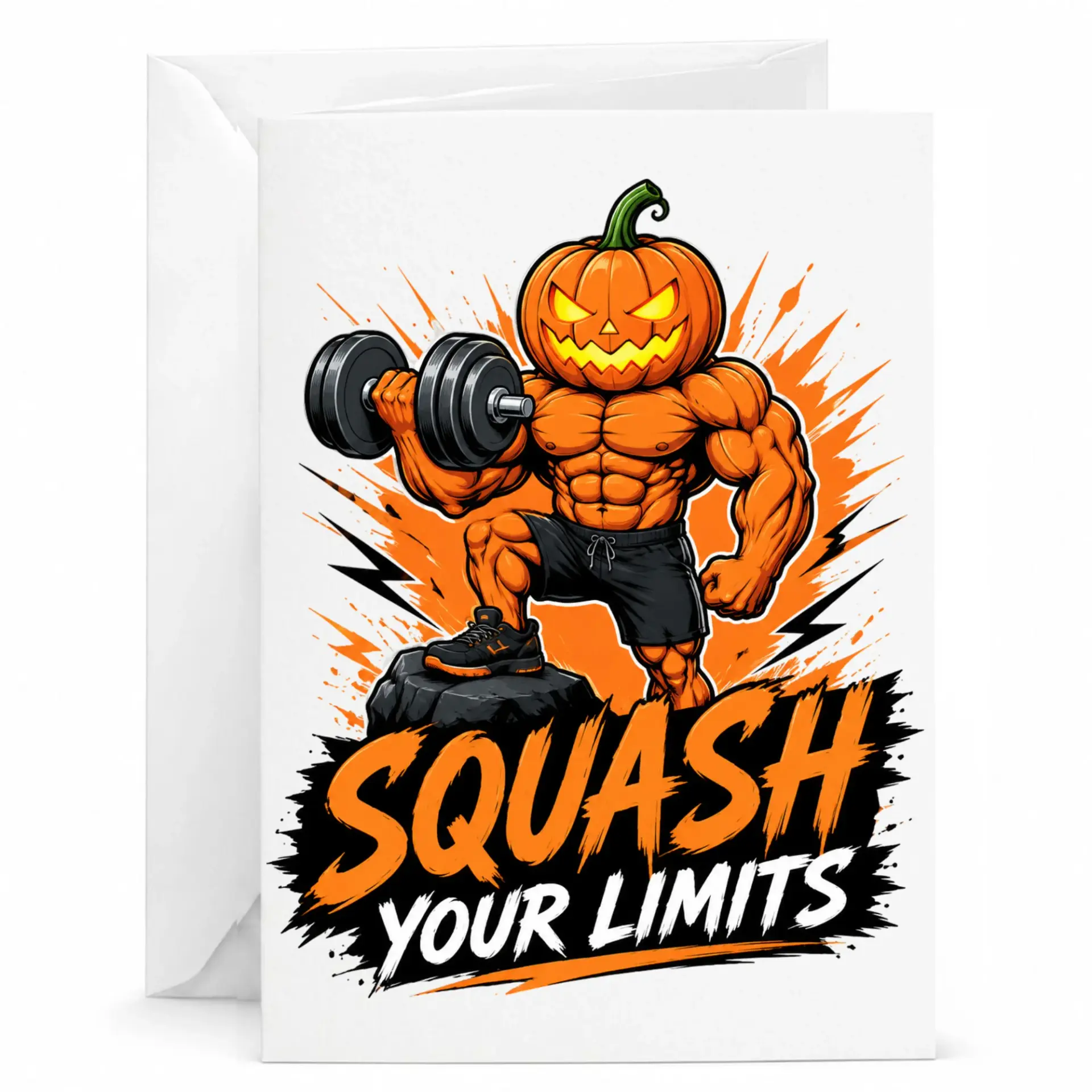 Funny Fitness Greeting Card Squash Your Limits Featuring Muscular Pumpkin Bodybuilder Lifting Dumbbell Workout Art