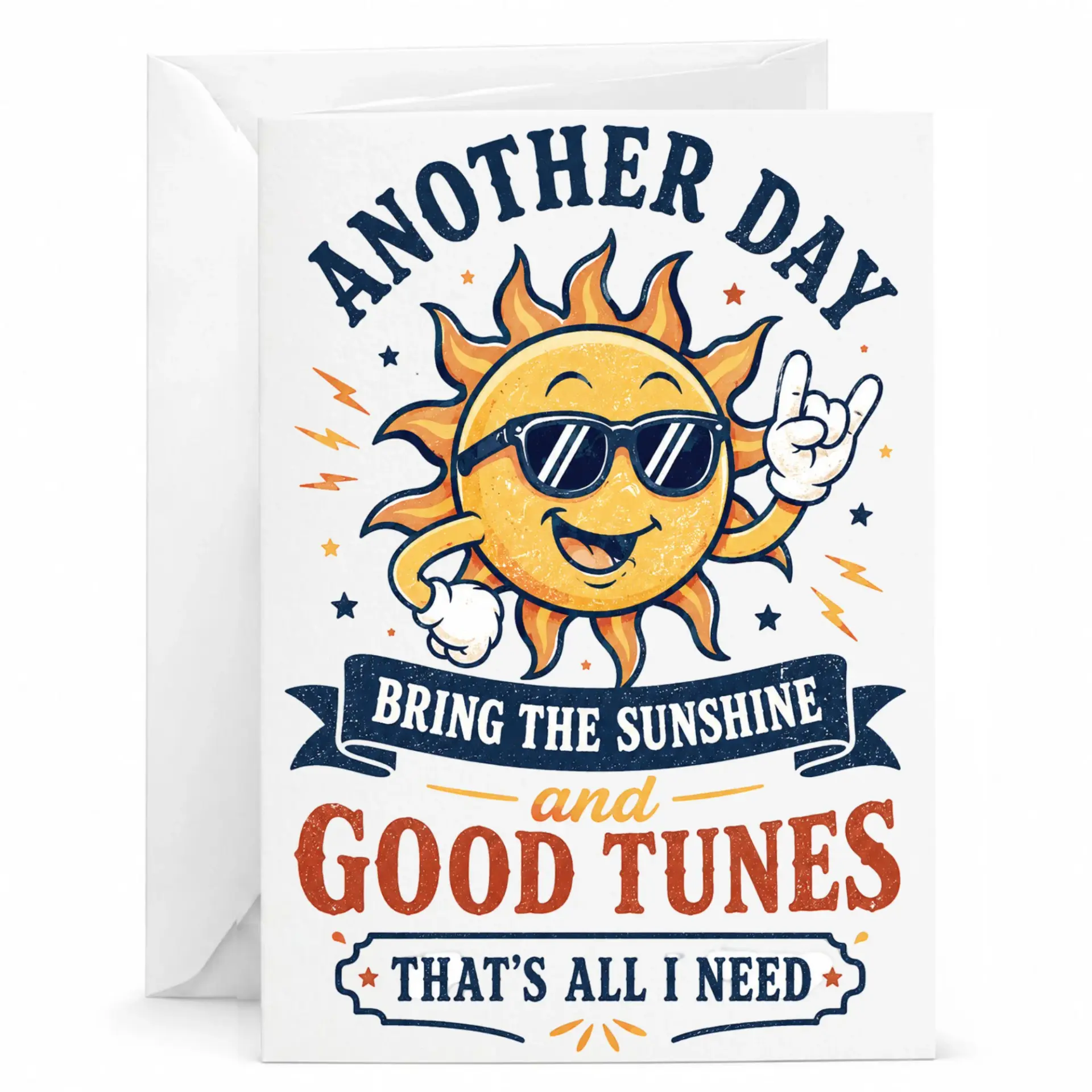 Funny Greeting Card Another Day Bring the Sunshine and Good Tunes Character Sun with Sunglasses Rock Hand Sign