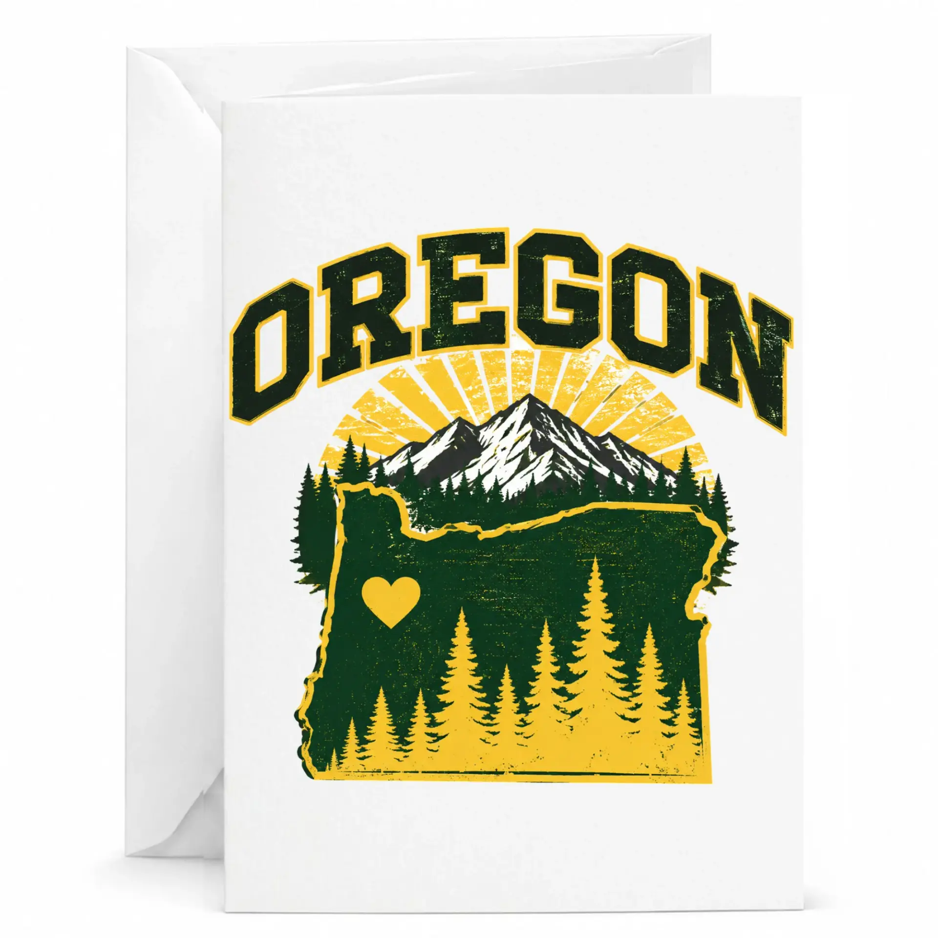 Greeting Card Oregon State Scenic Landscape Nature Illustration with Mountains and Forests Printed on Heavyweight Paper