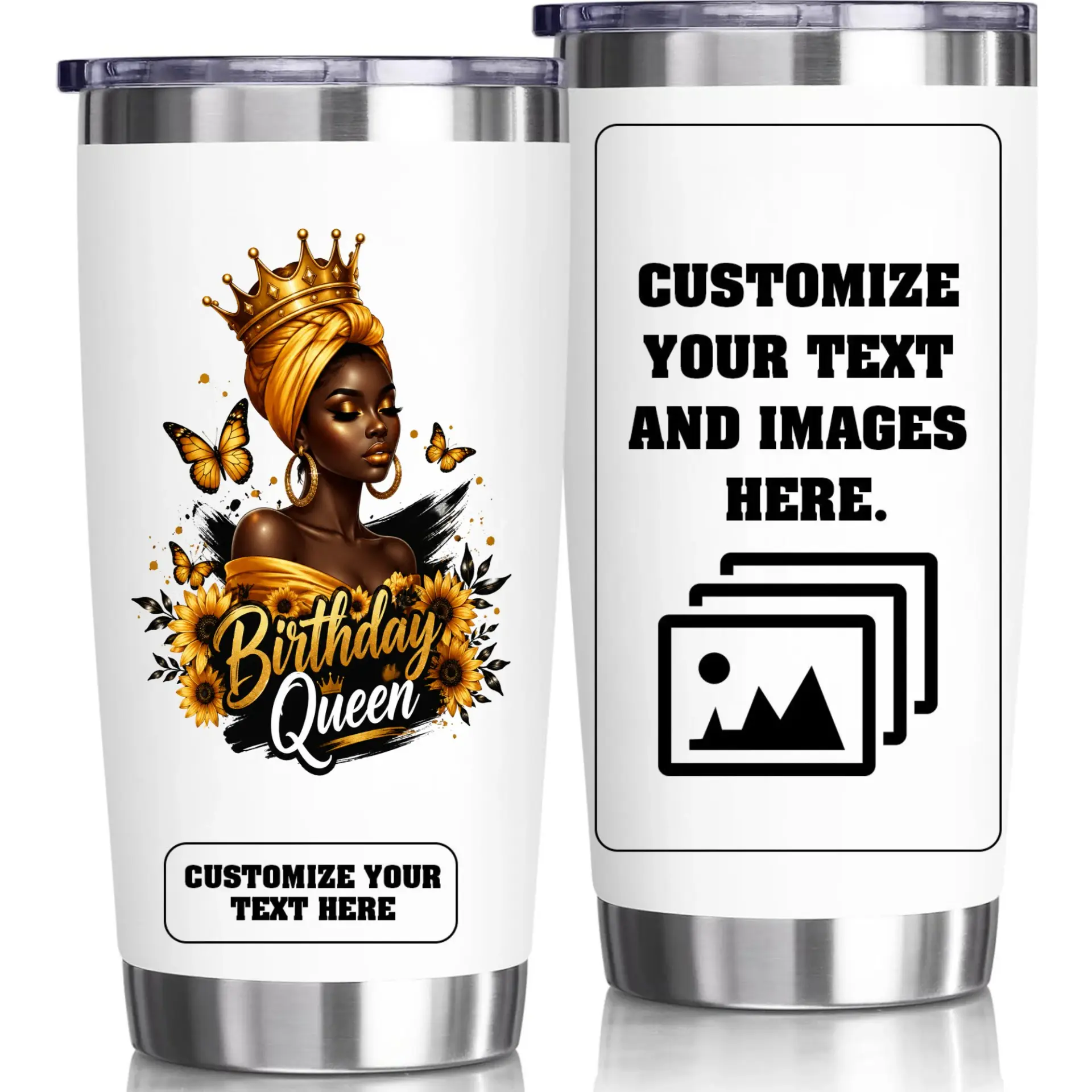Stainless Steel Tumbler Birthday Queen Design 20oz Personalized Travel Cup Insulated Double Wall Vacuum Mug