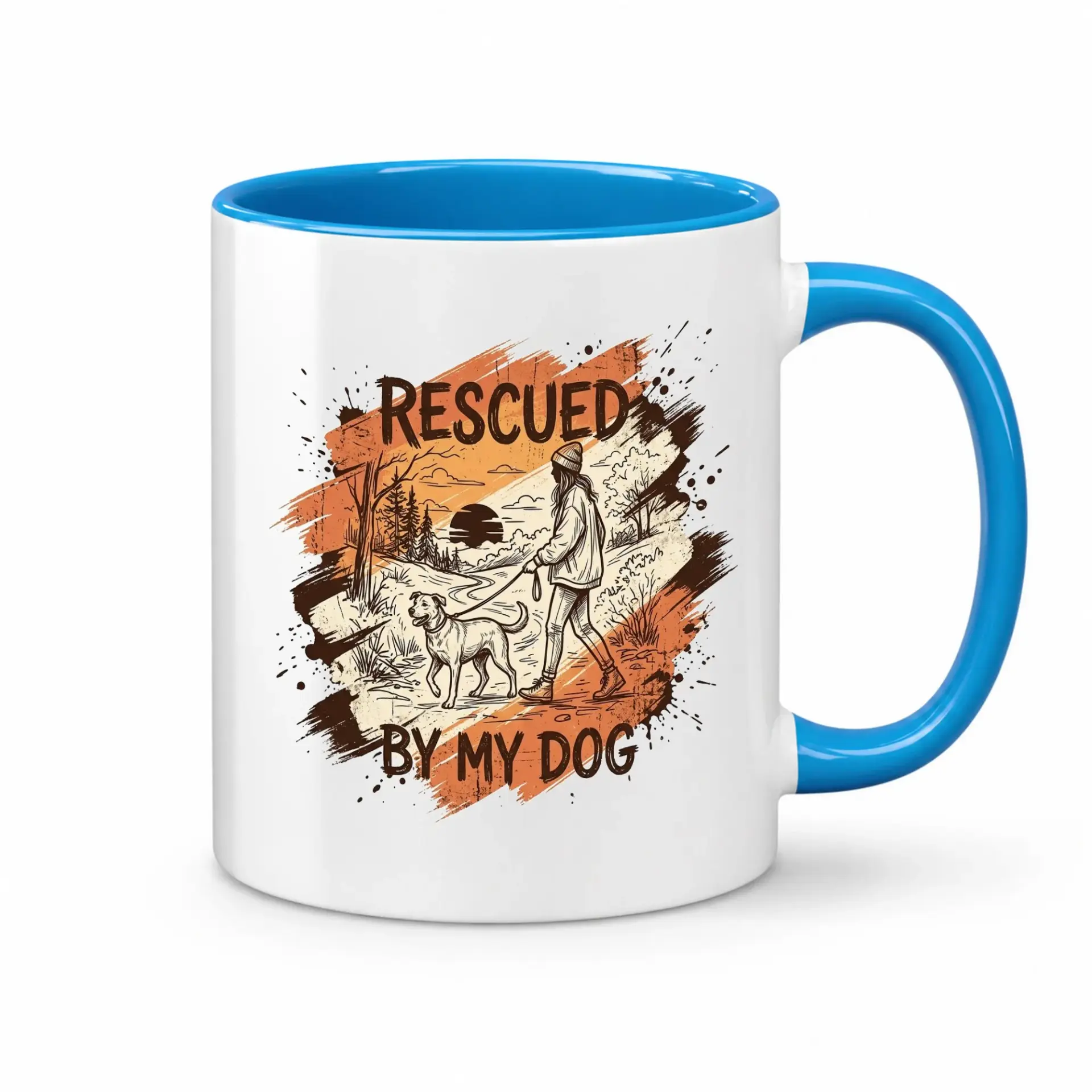 Rescued by My Dog Ceramic Coffee Mug with Blue Accent Handle Artistic Nature Inspired Illustration for