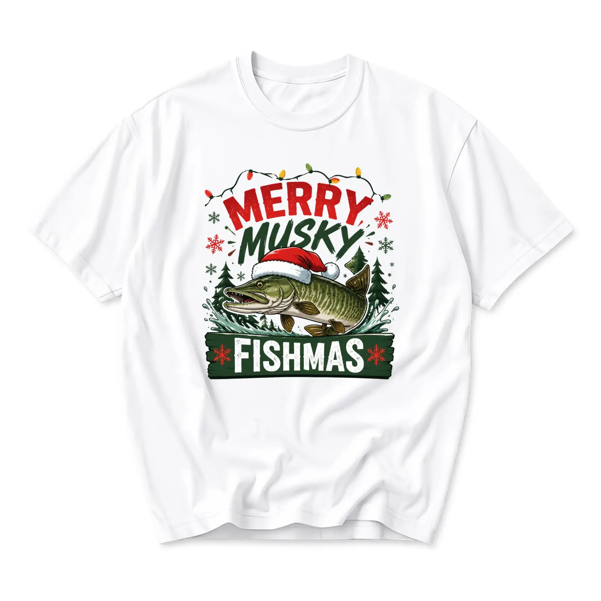 Funny Shirt Merry Musky Fishmas Graphic Tee Holiday Fishing Themed Unisex Crew Neck Casual Wear Soft Cotton Apparel