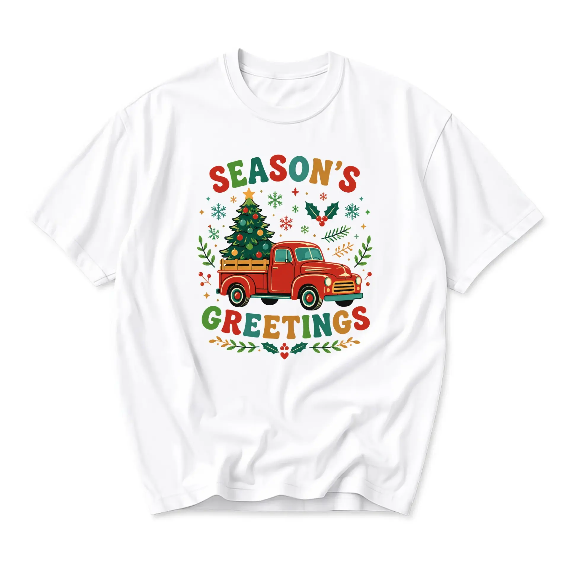 T-shirt Season's Greetings Vintage Red Truck Christmas Tree Graphic Tee Unisex Casual Short Sleeve Cotton Top