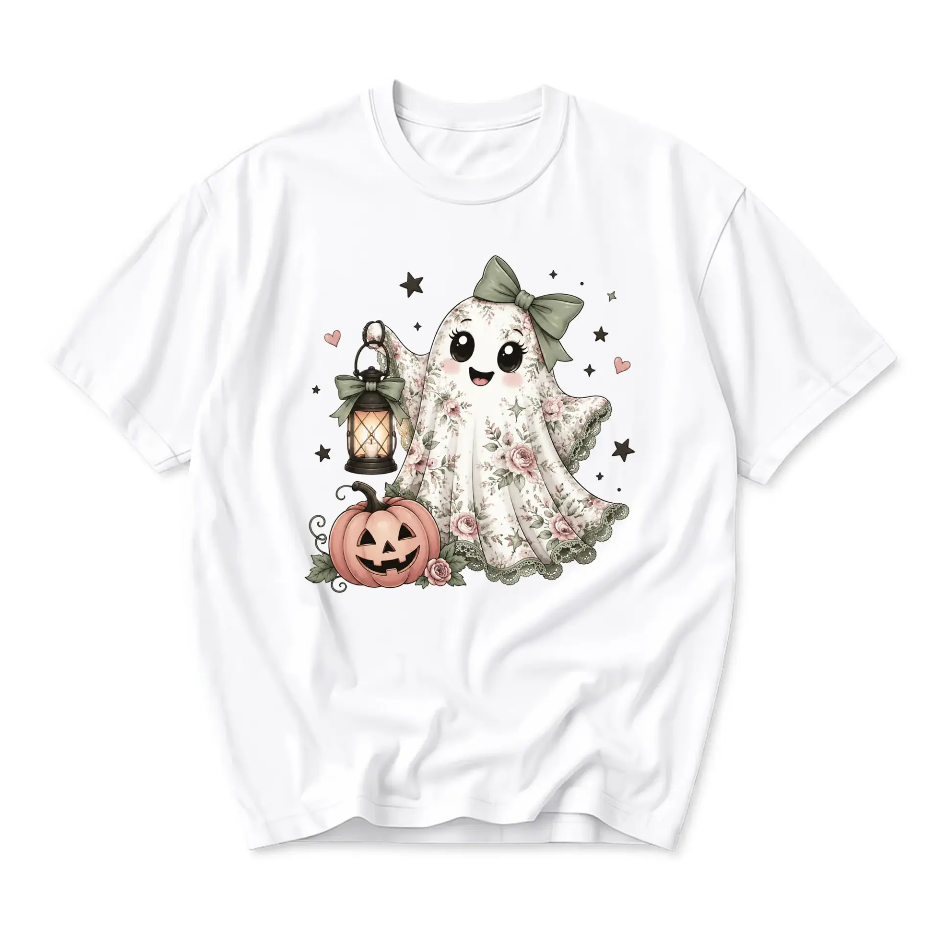 Graphic Tee Floral Ghost with Pumpkin Lantern Design Cute Autumn Spirit Apparel Unisex Crew Neck Short Sleeve Shirt