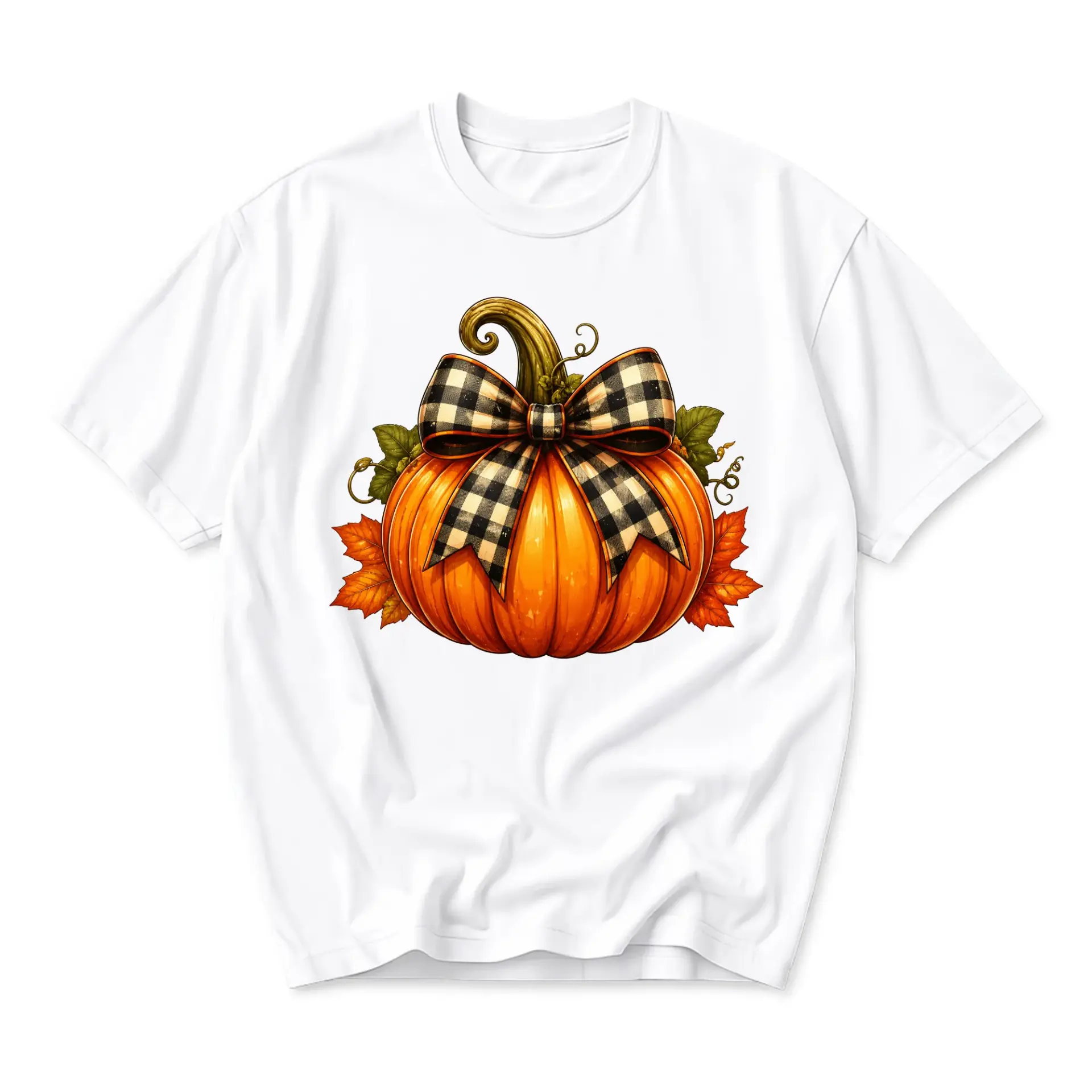 Graphic Tee Pumpkin with Buffalo Plaid Bow Print Unisex Casual Short Sleeve Crew Neck Shirt for Fall Harvest Seasons