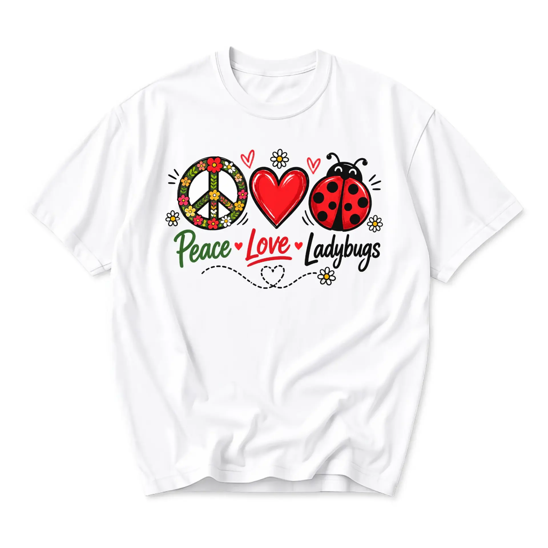 Graphic Tee Peace Love Ladybugs Shirt Unisex Cotton Crew Neck Casual Short Sleeve Apparel for Everyday Outfits White