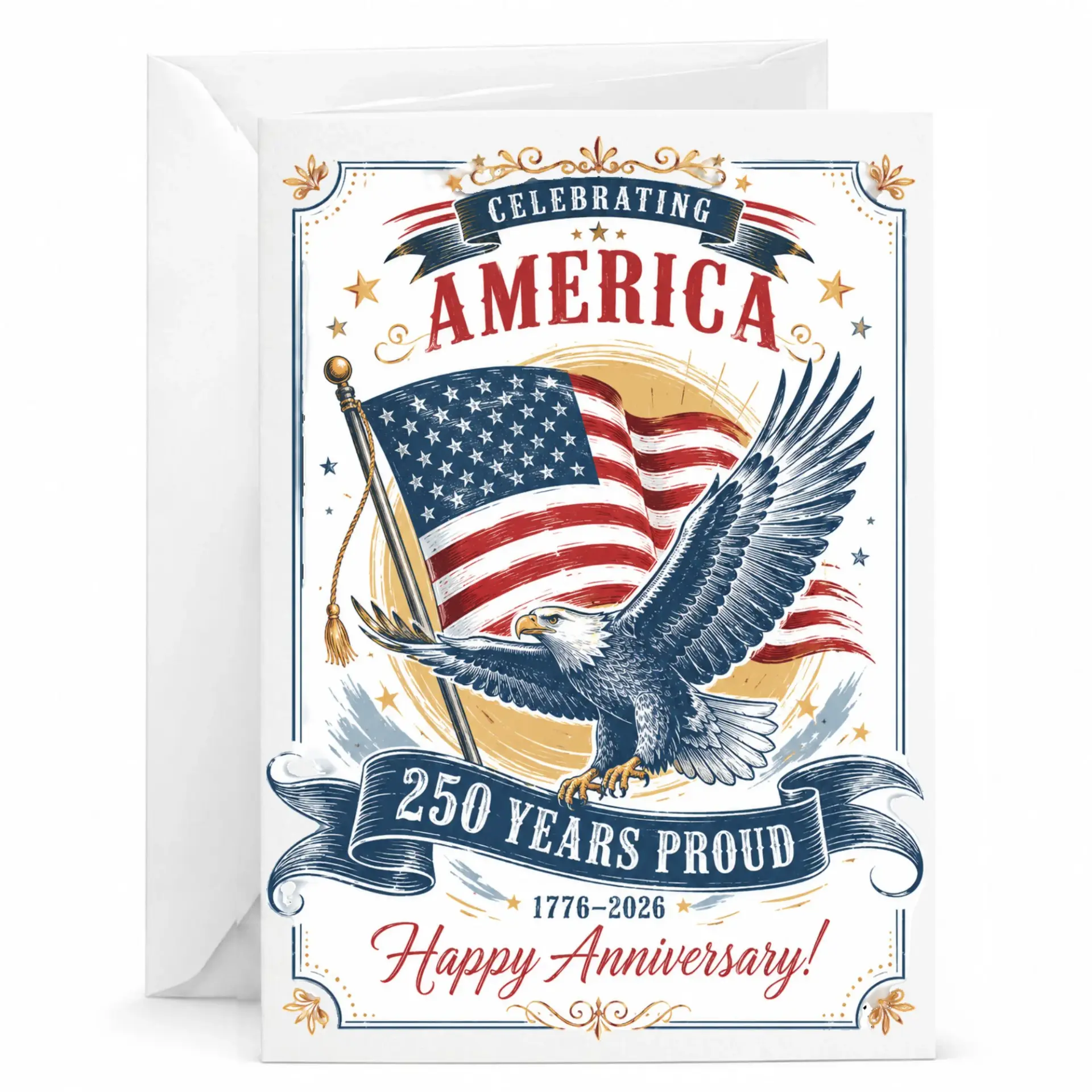 Greeting Card Celebrating America 250 Years Proud 1776-2026 Patriotic Anniversary with Envelope for Special Occasions