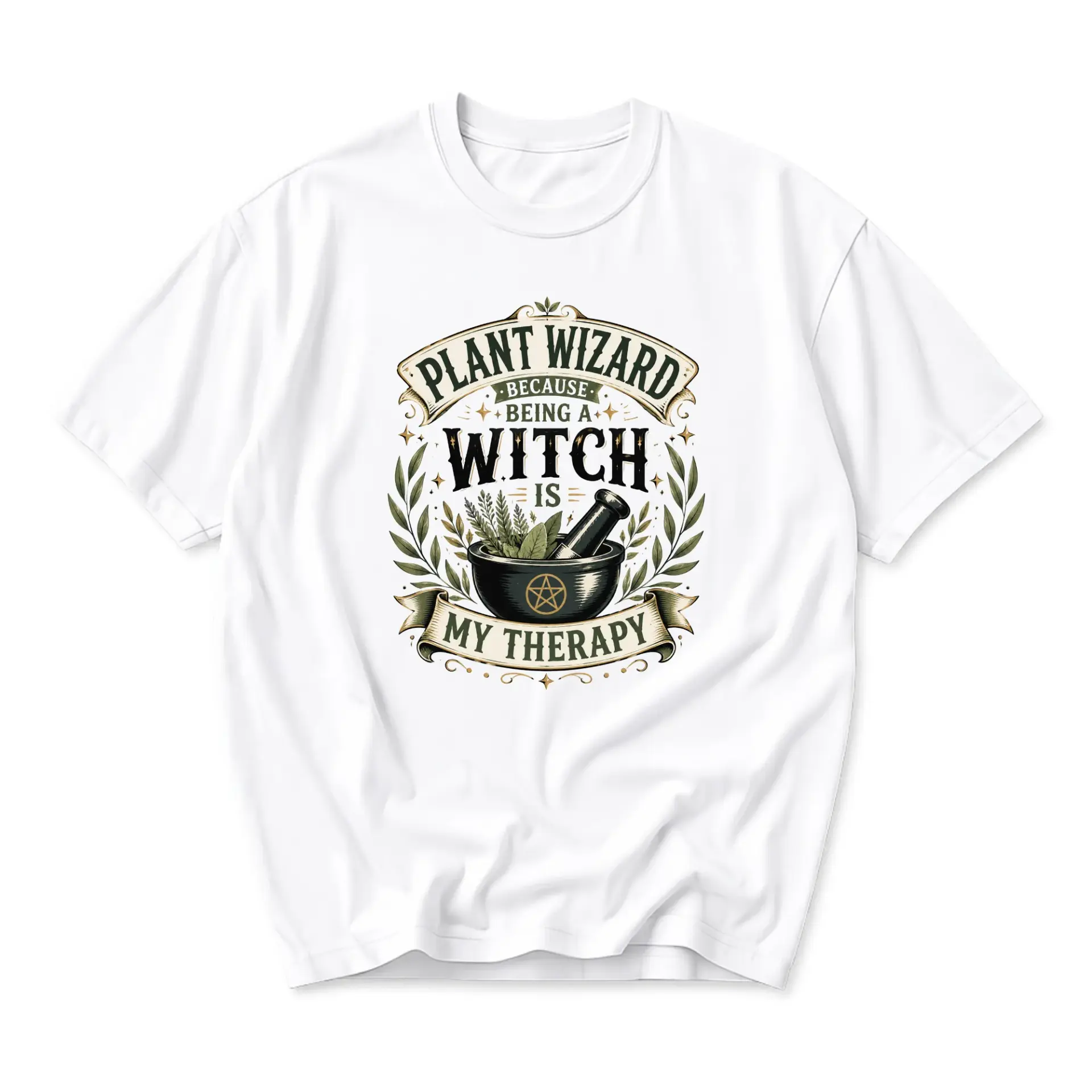 Funny Shirt Plant Wizard Because Being a Witch Is My Therapy Graphic Tee Unisex Casual Cotton Crew Neck Top for Adults