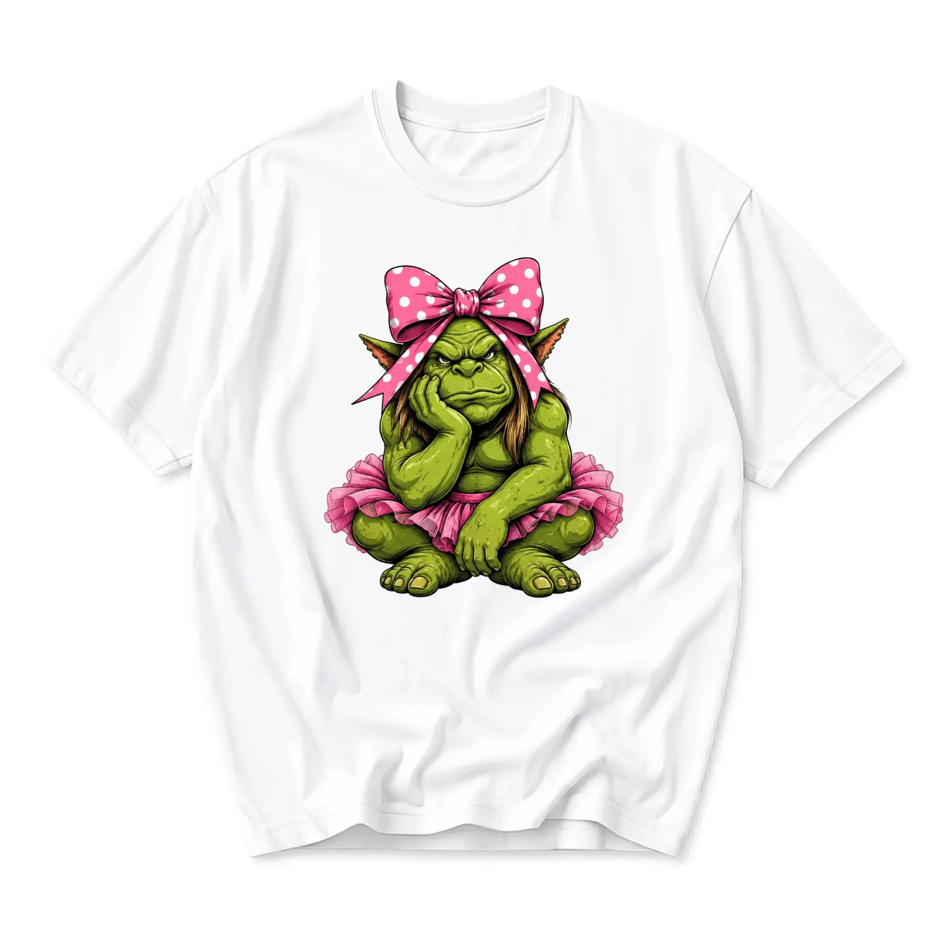 Funny Shirt Unisex Graphic Tee Featuring Grumpy Green Monster Creature Wearing Pink Polka Dot Bow and Tutu Skirt