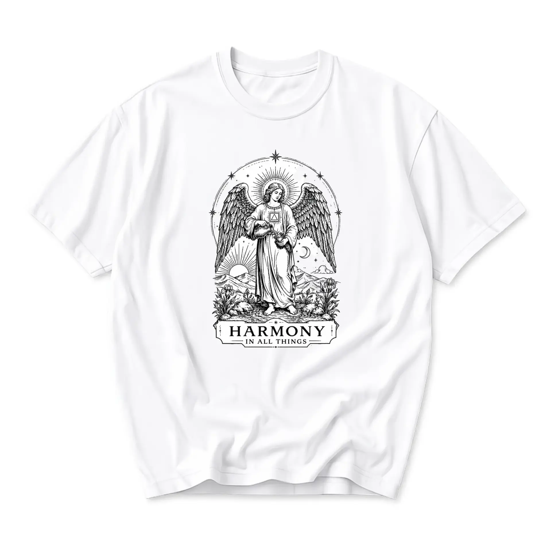 Graphic Tee Harmony in All Things Celestial Angel Illustration Unisex Crew Neck Soft Cotton Everyday Casual Shirt