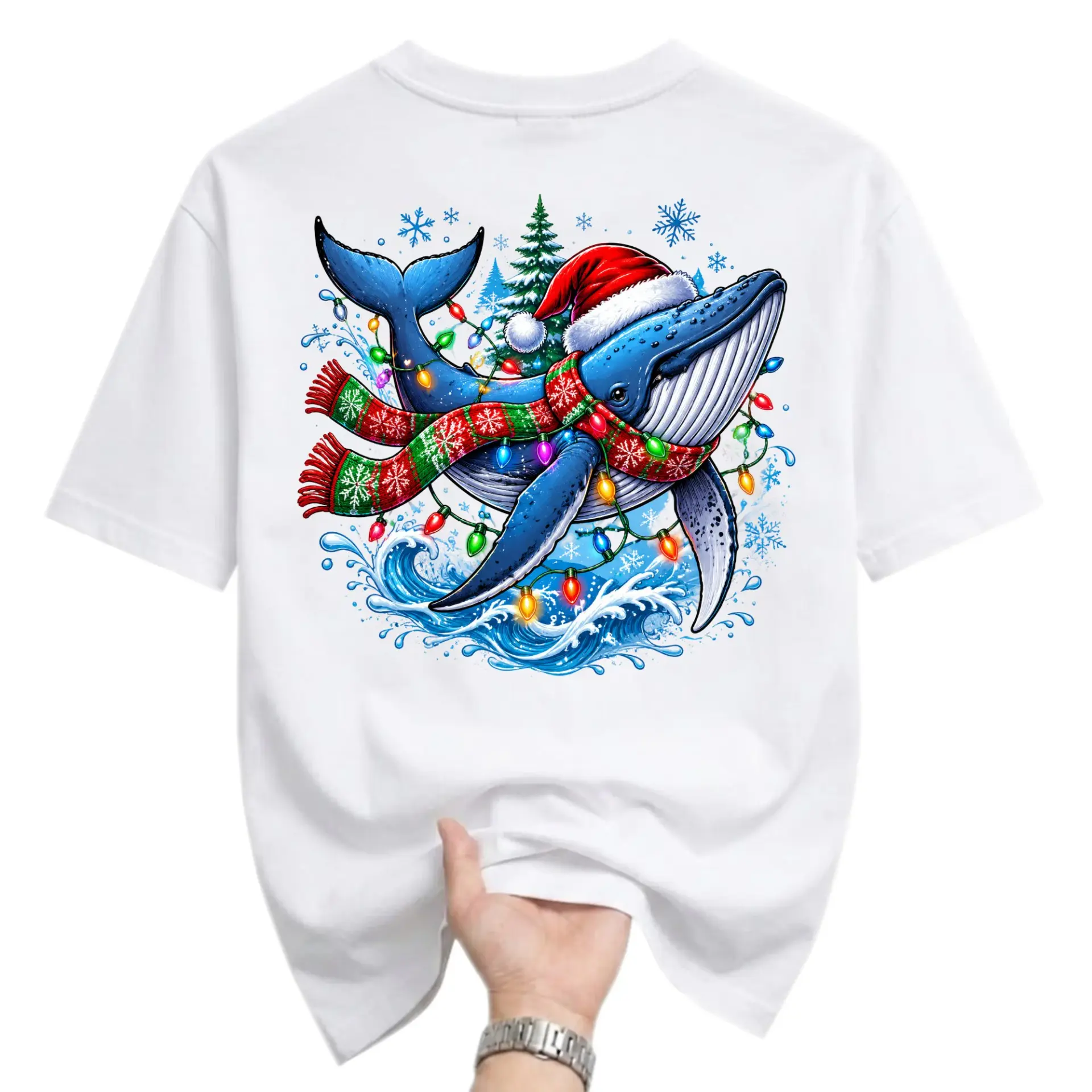 Graphic Tee Unisex Crew Neck Holiday Whale Shirt Featuring Festive Christmas Lights Snowflakes and Seasonal Winter Gear