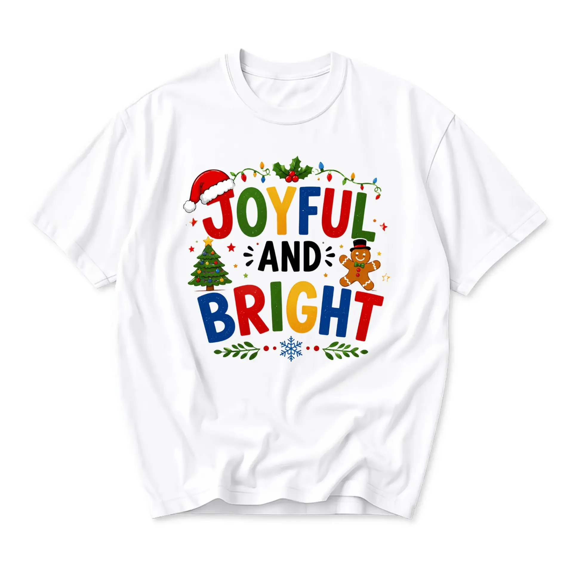 Graphic Tee Joyful and Bright Holiday Shirt Christmas Themed Unisex Short Sleeve Crew Neck Casual Cotton Top