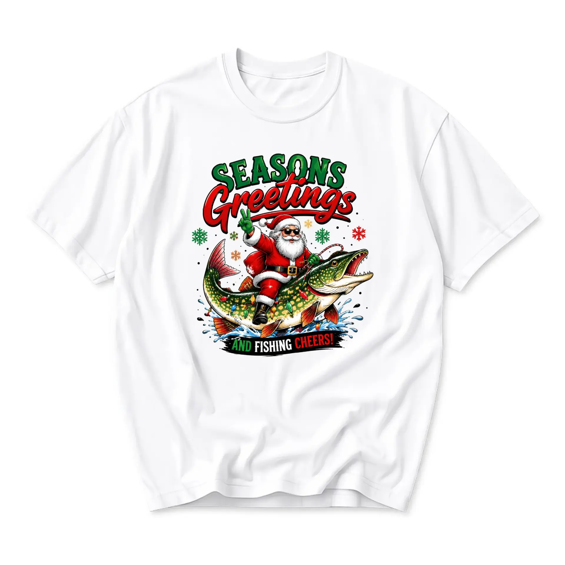 Funny Shirt Christmas Santa Riding Fish Graphic Tee Retro Holiday Unisex Cotton Crew Neck Casual Top for Men Women