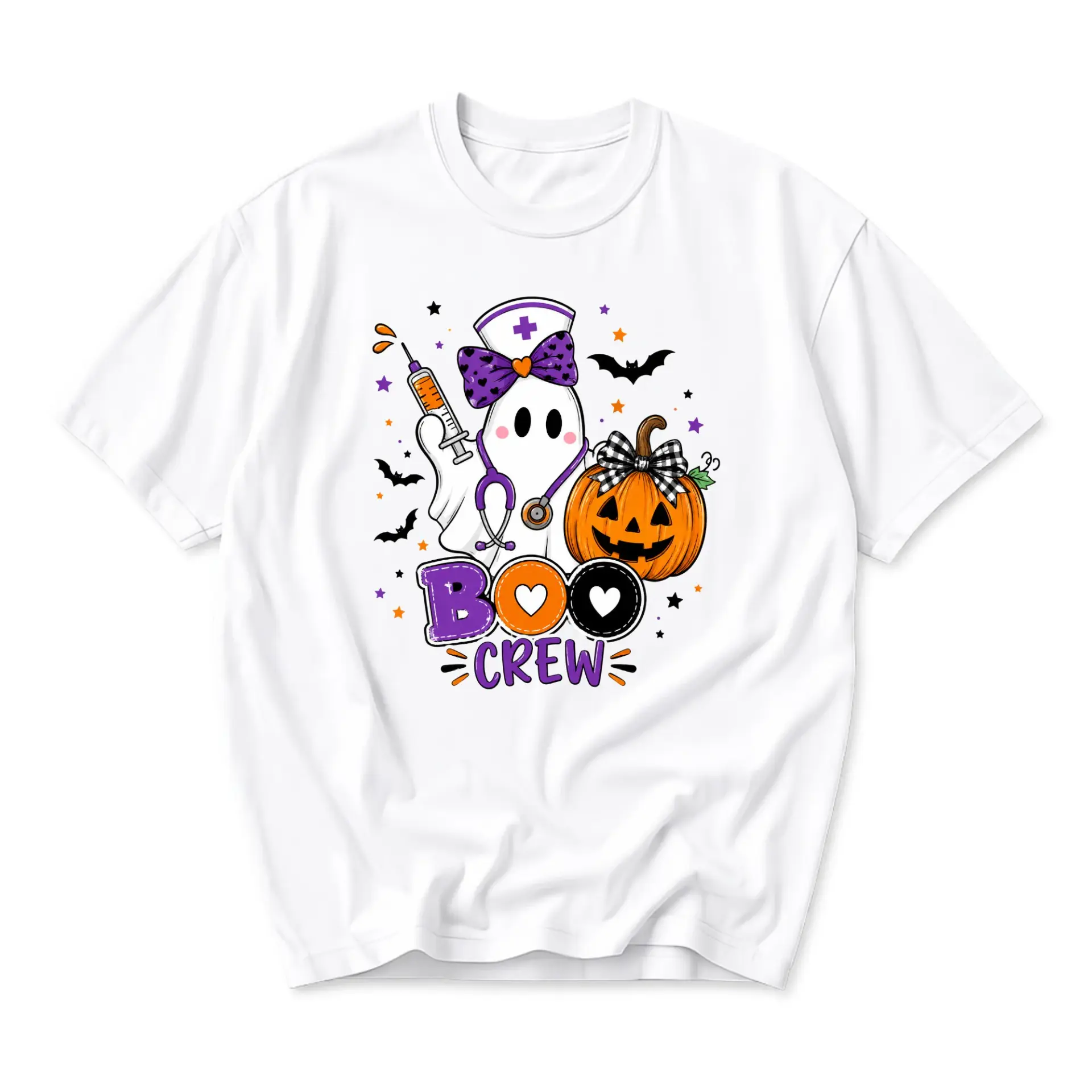 Graphic Tee Boo Crew Halloween Nurse Ghost T-Shirt Unisex Crew Neck Casual Everyday Wear Fall Holiday Outfit