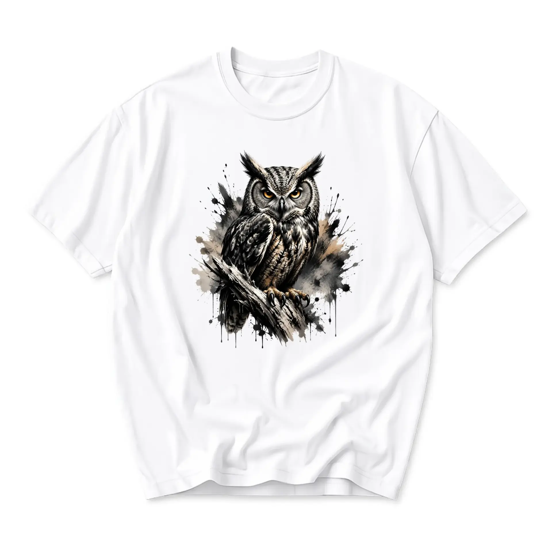 Graphic Tee Unisex Short Sleeve Crew Neck Shirt Featuring Artistic Watercolor Style Great Horned Owl Bird Illustration