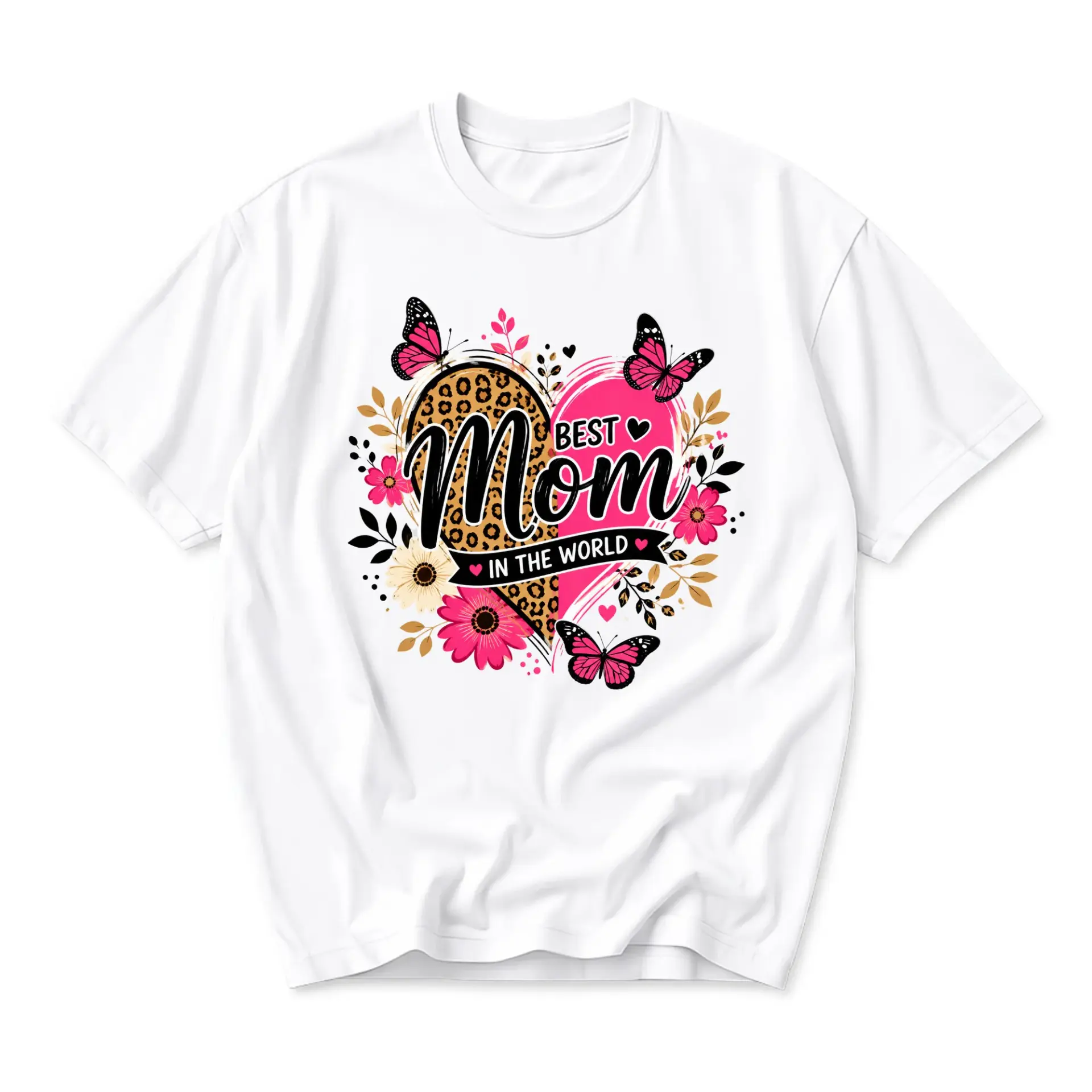 Graphic Tee Best Mom in the World Leopard Print Heart Shirt Floral Butterfly Design Casual Unisex Crew Neck Top