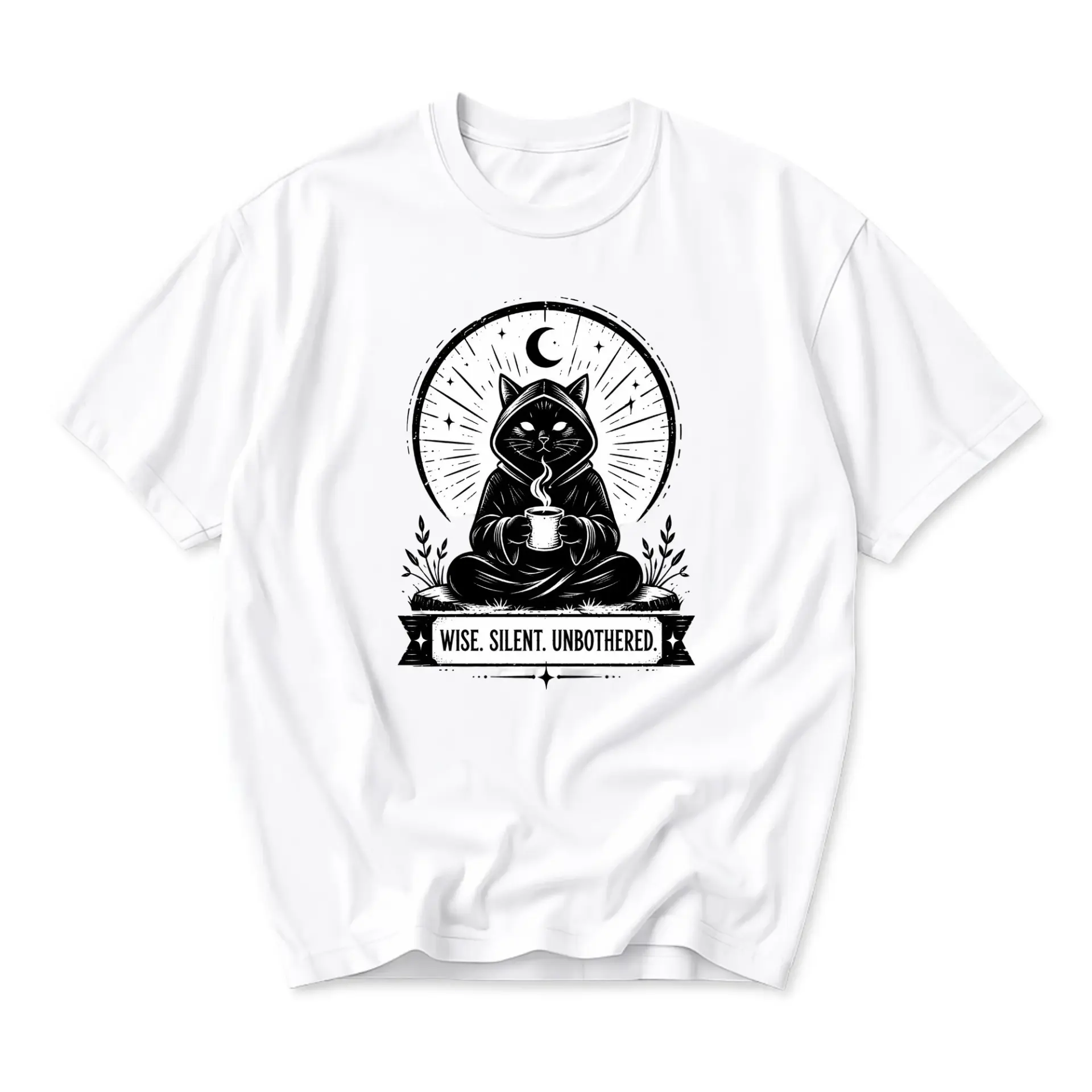 Funny Shirt Wise Silent Unbothered Cat Graphic Tee Casual Unisex Crew Neck Top Short Sleeve Comfortable Cotton Apparel