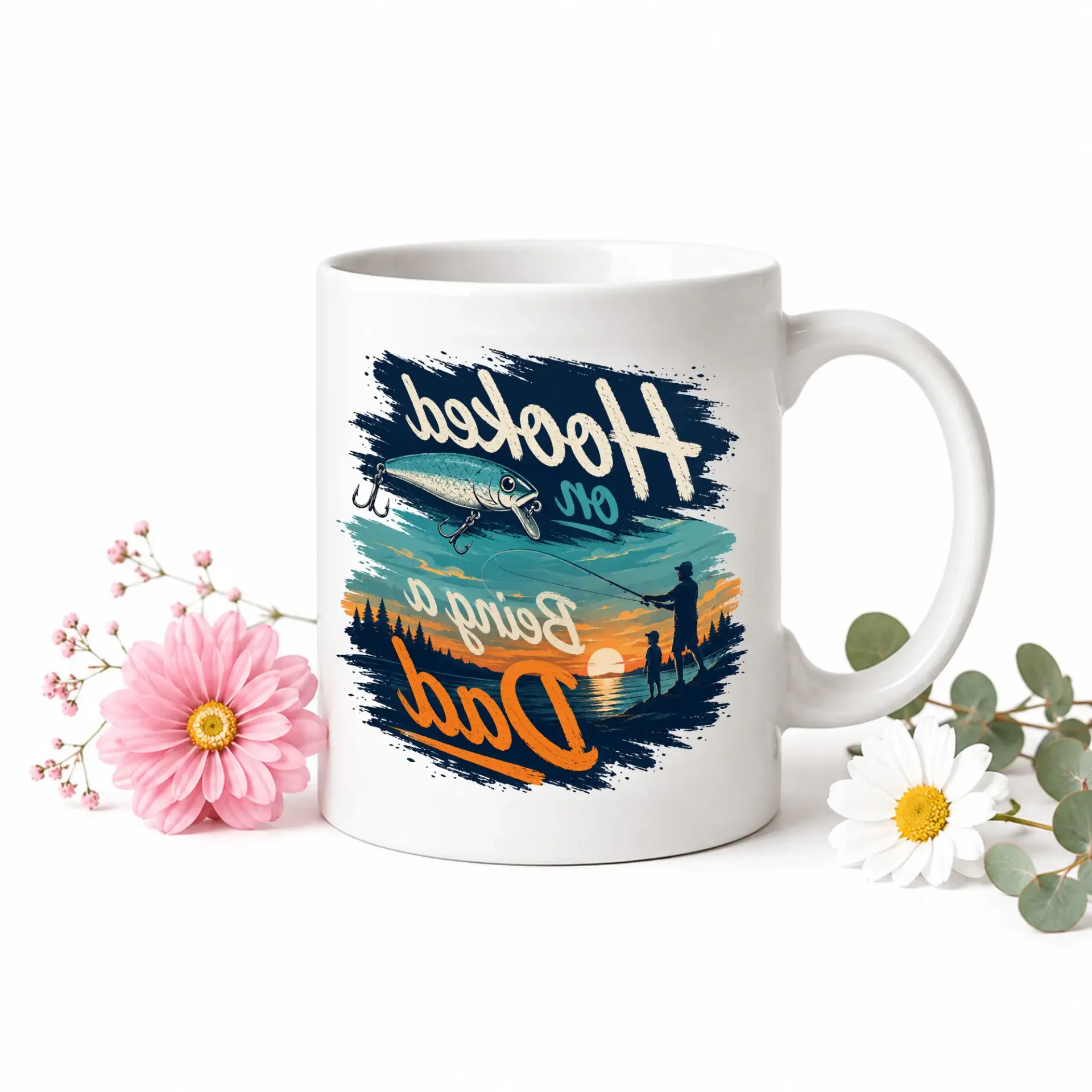 Fishing Themed Coffee Mug on Being a Dad Ceramic Cup with Vibrant Blue Handle for Morning Beverage Enjoyment