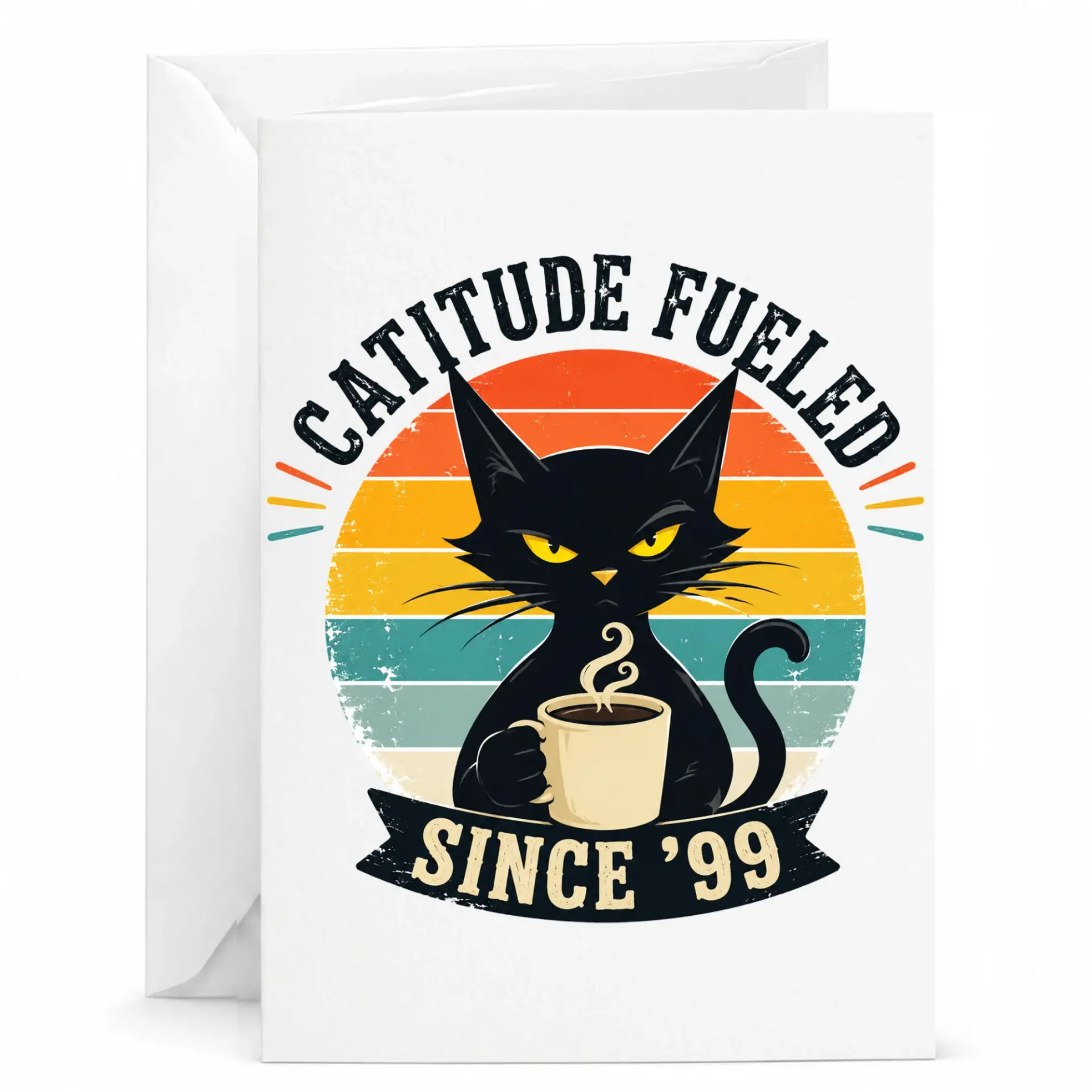 Funny Catitude Fueled Since 99 Greeting Card, Vintage Retro Coffee Loving Black Cat Birthday Anniversary Card