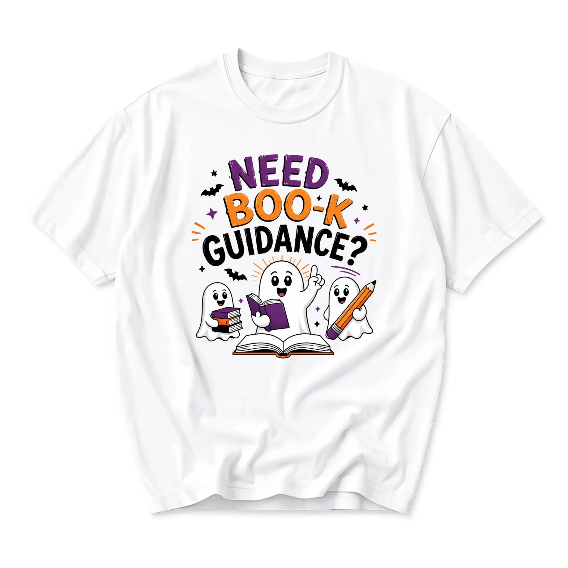 Funny Shirt Need Boo-K Guidance Cute Ghost Graphic Tee Unisex Crew Neck Apparel for Book Lovers and Casual Everyday Wear