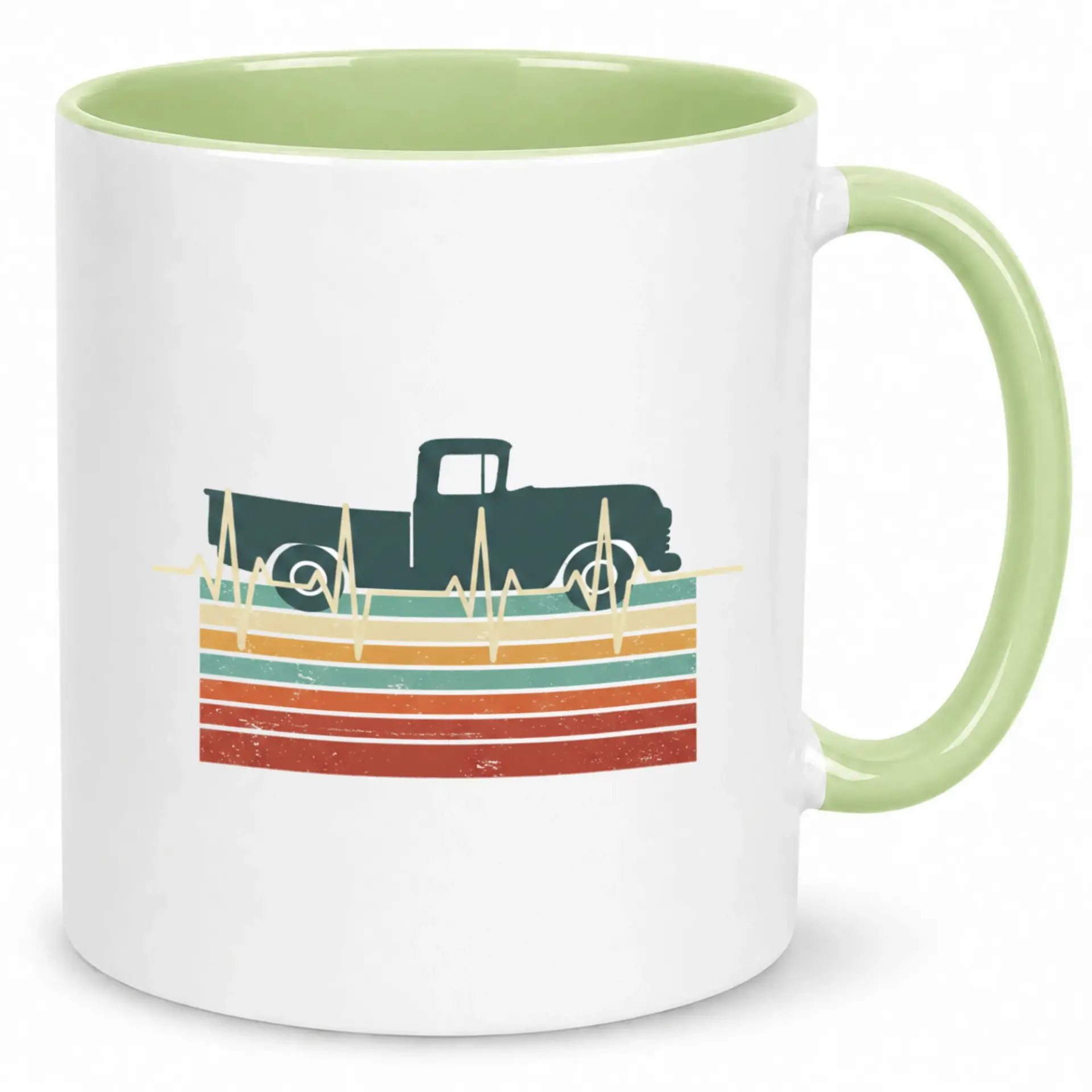 Vintage Truck Lover Coffee Mug with Retro Sunset Heartbeat Design 11oz Ceramic Drinkware for Automotive Enthusiasts Light Green Handle