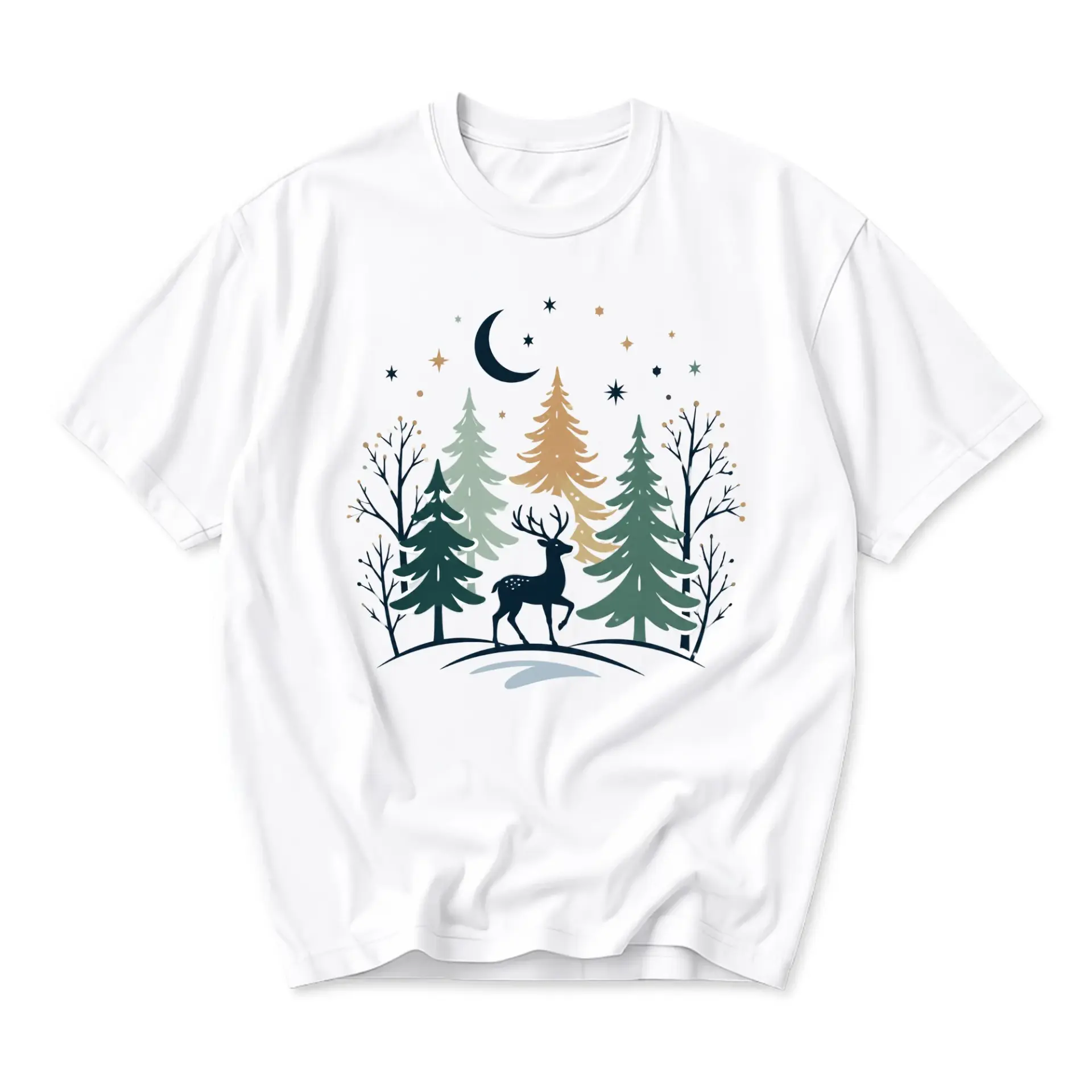 Graphic Tee Unisex Forest Deer Night Sky Print Casual Short Sleeve Shirt Nature Inspired Comfortable Cotton Blend Apparel