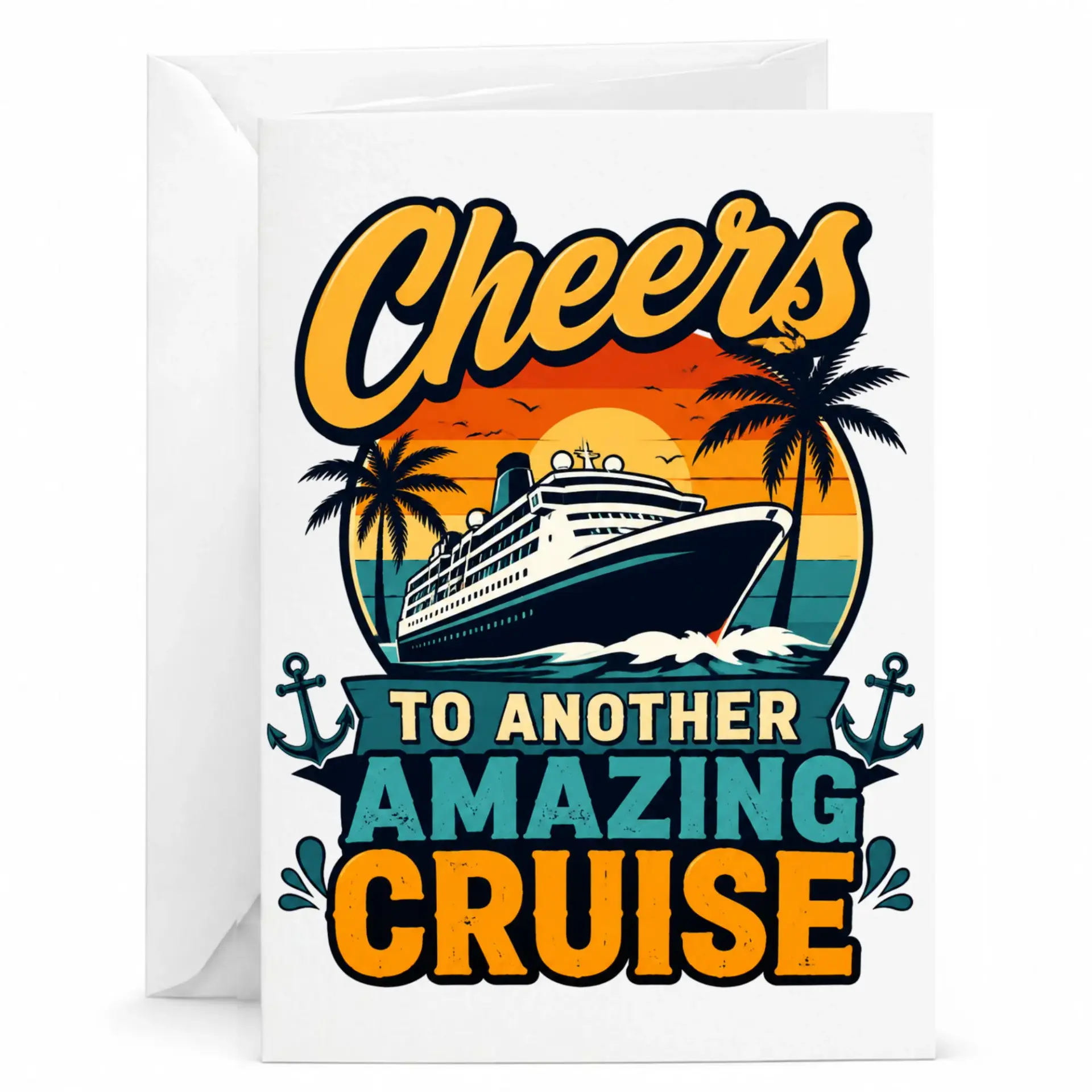 Greeting Card Cheers to Another Amazing Cruise Featuring Tropical Sunset Ocean Vacation Design for Travel Lovers