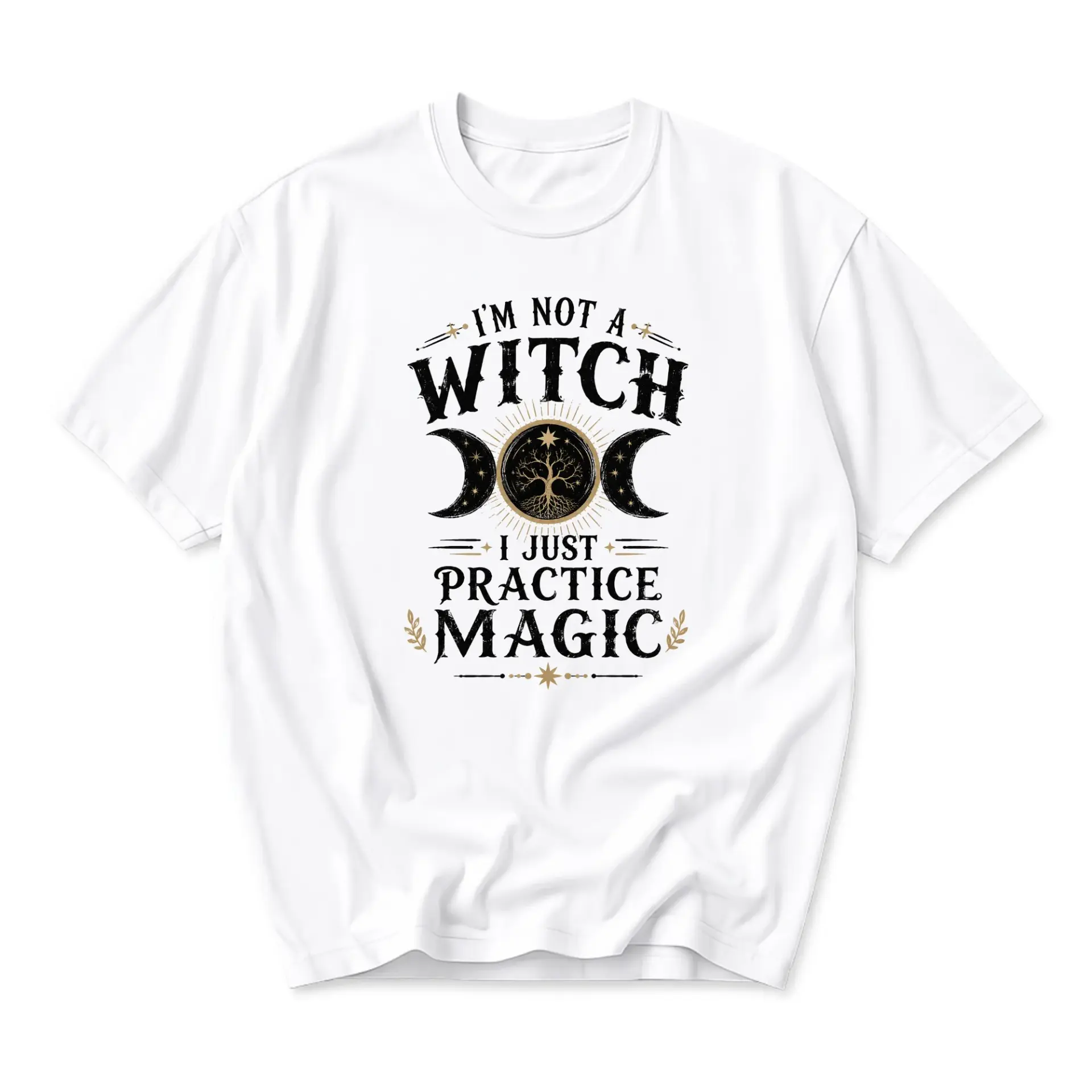Funny Shirt I Am Not a Witch I Just Practice Magic Graphic Tee Celestial Tree Moon Phases Unisex Casual Cotton Top