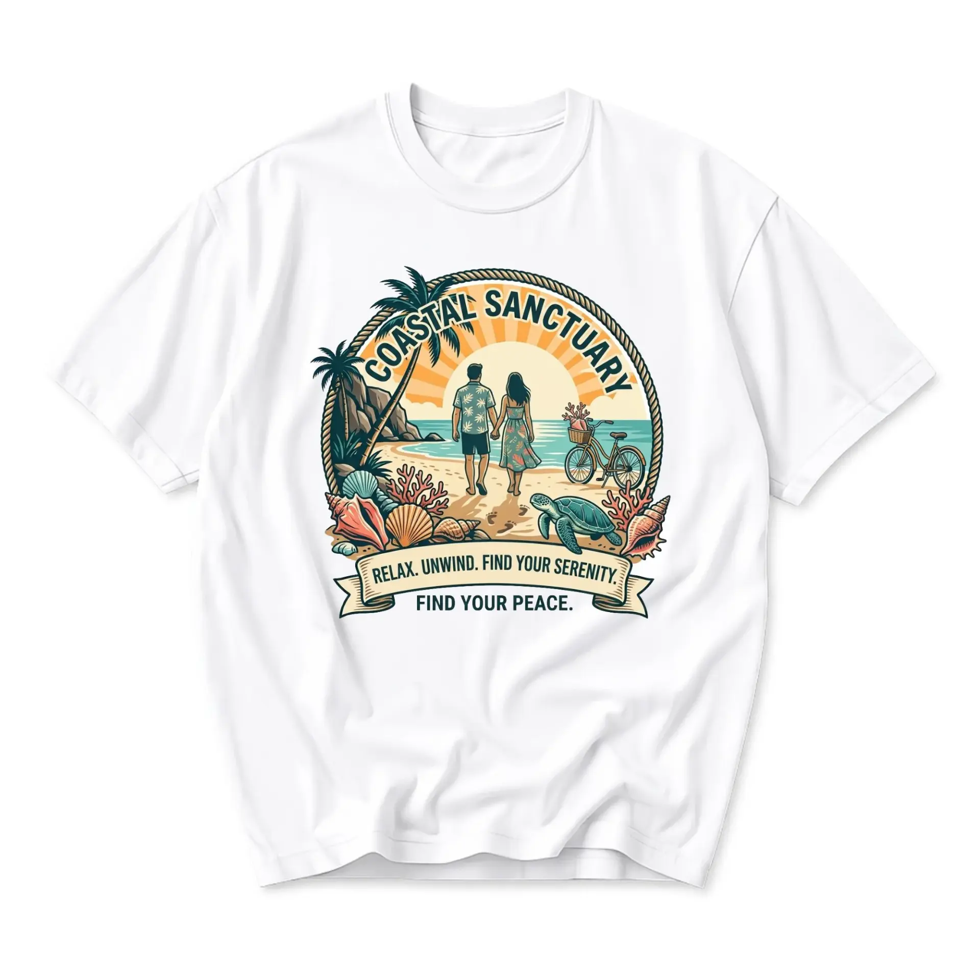 Graphic Tee Coastal Sanctuary Beach Scene Unisex Crew Neck Short Sleeve Shirt for Casual Vacation Everyday Wear