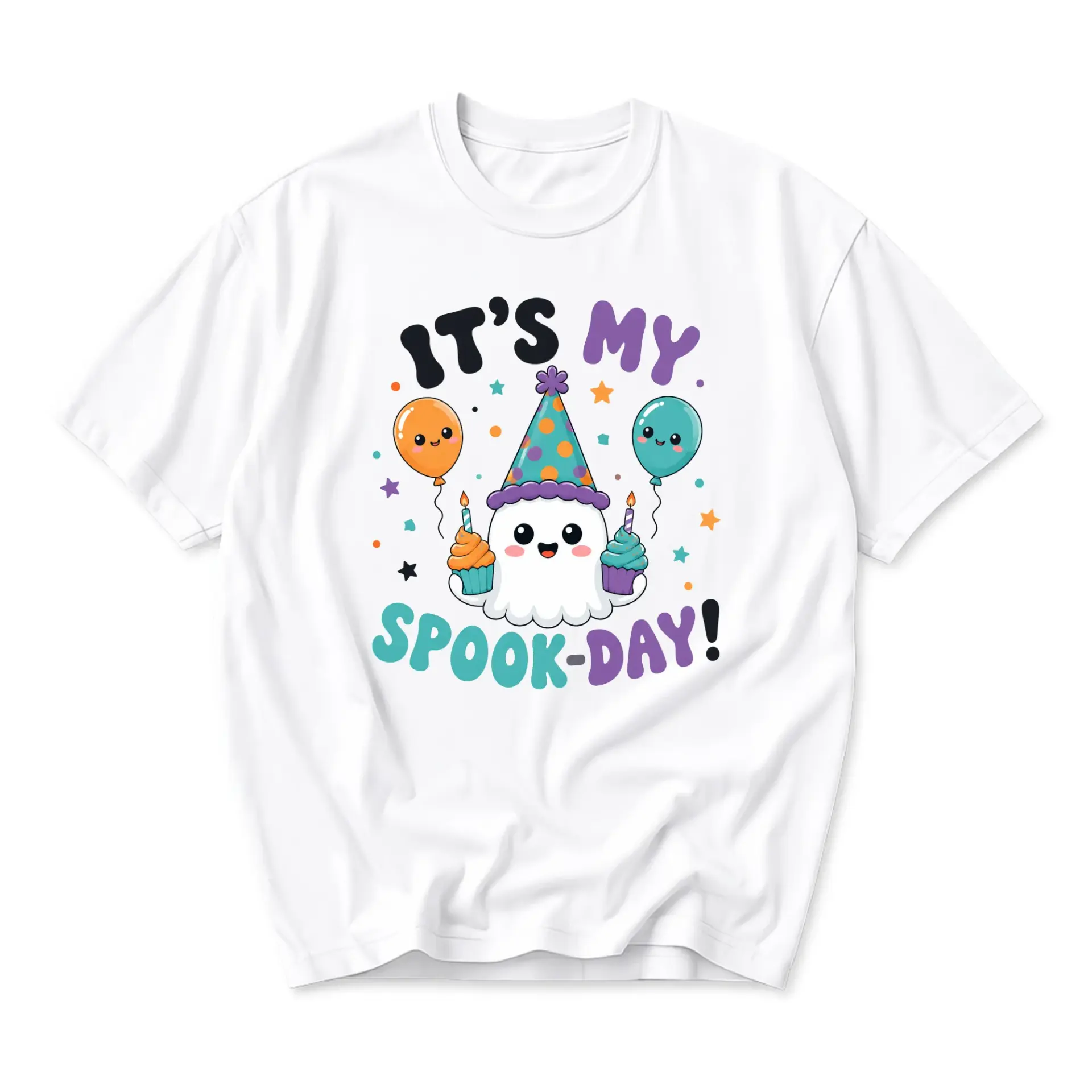 Funny Shirt Unisex Graphic Printed T-Shirt Featuring a Cute Ghost Celebrating a Birthday Spook Day Party Design
