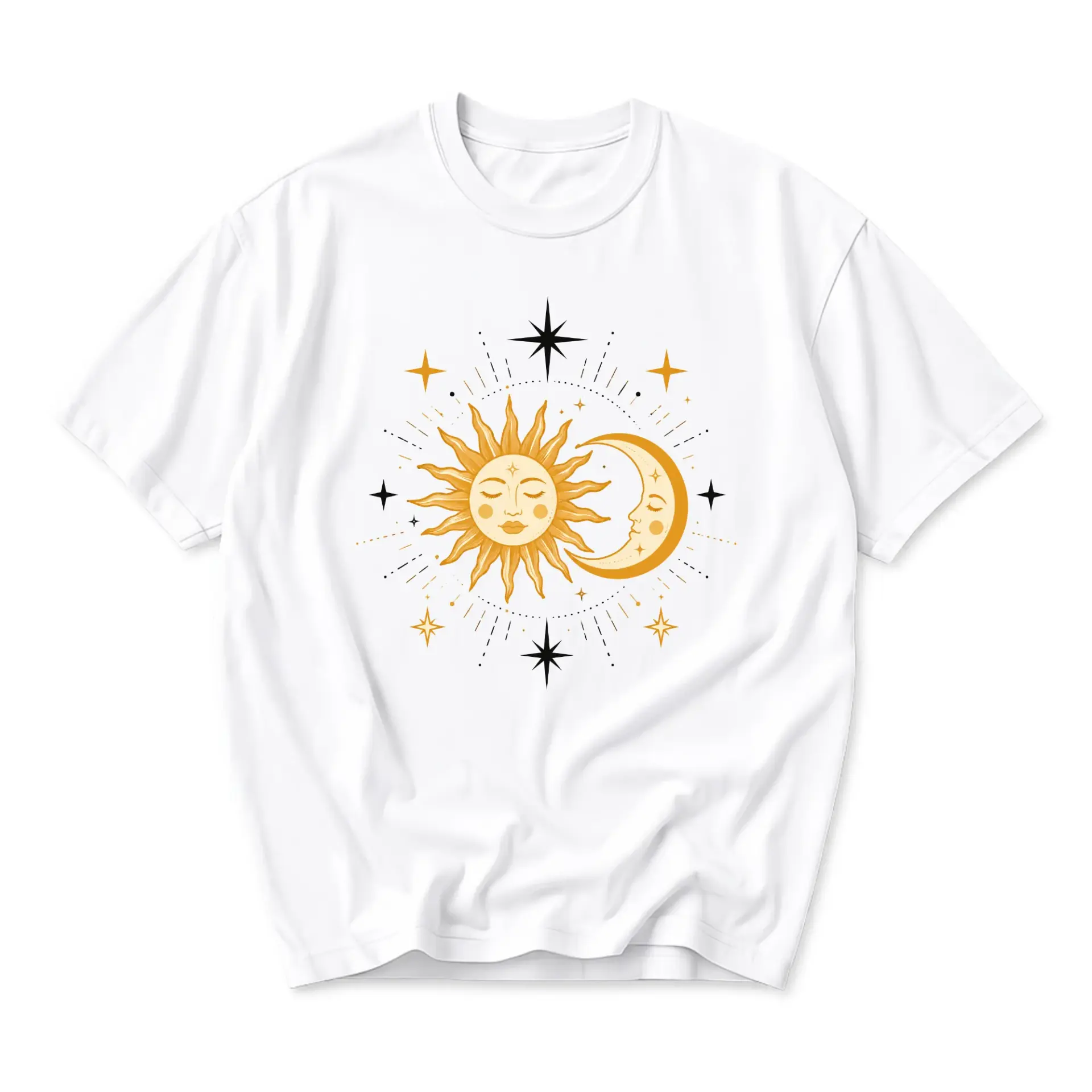 Graphic Tee Celestial Sun and Moon Design Unisex Crew Neck Short Sleeve Shirt for Casual Everyday Apparel Comfort