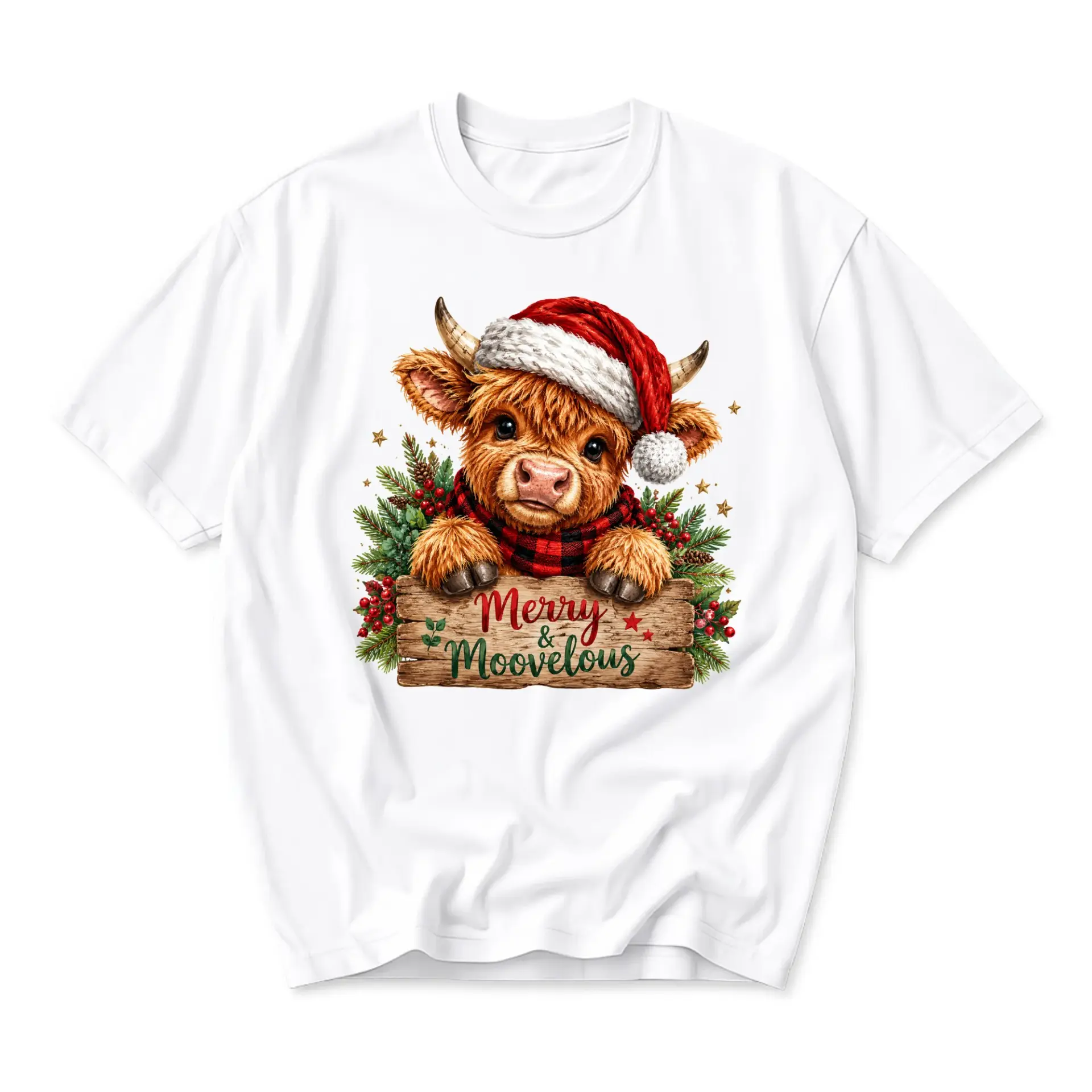Funny Shirt Merry and Moovelous Highland Cow Graphic Tee Unisex Crew Neck Casual Cotton Blend Holiday Apparel White