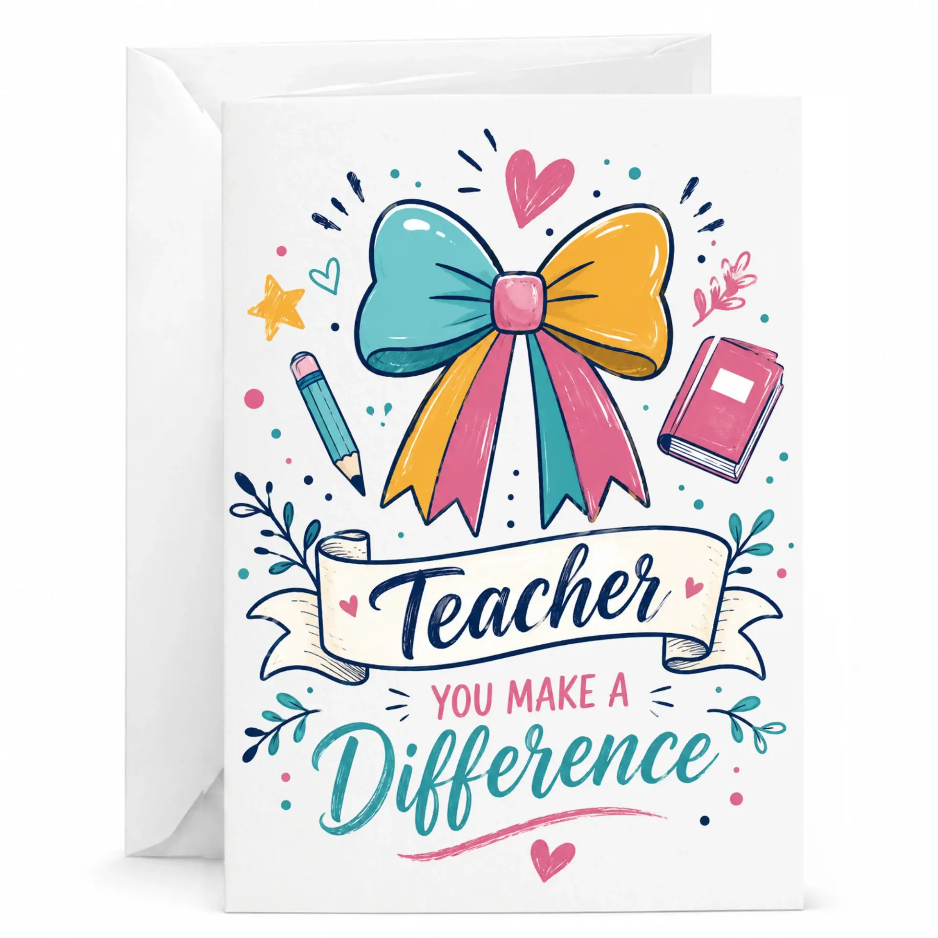 Card for Teacher Make a Difference Appreciation Greeting with Matching White Envelope
