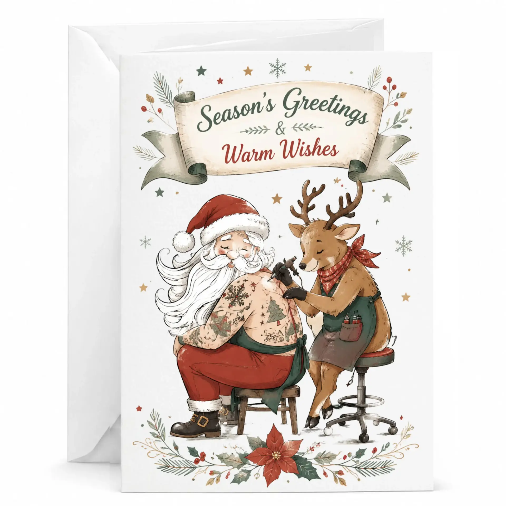 Funny Holiday Greeting Card Featuring Santa Getting a Tattoo from a Reindeer for Christmas Season Greetings and Warm Wishes