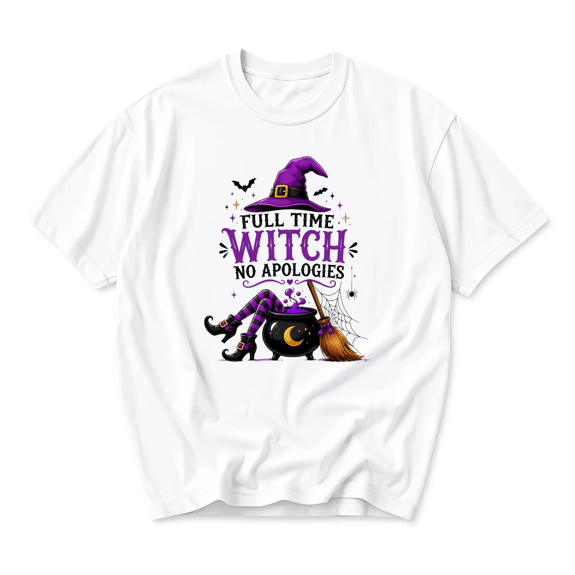 Graphic Tee Full Time Witch No Apologies Funny Shirt Unisex Casual Cotton Short Sleeve Crew Neck Halloween Apparel