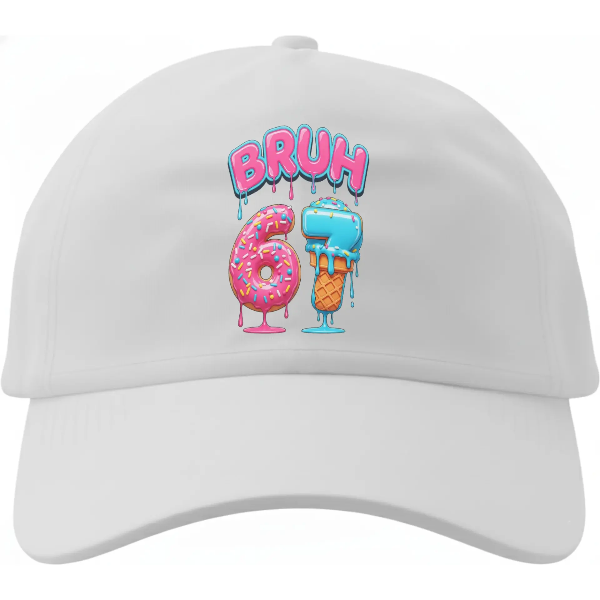 Dad Hat Casual Baseball Cap Featuring Melted Donut and Ice Cream Cone Graphic with Playful Text in Pastel Tones
