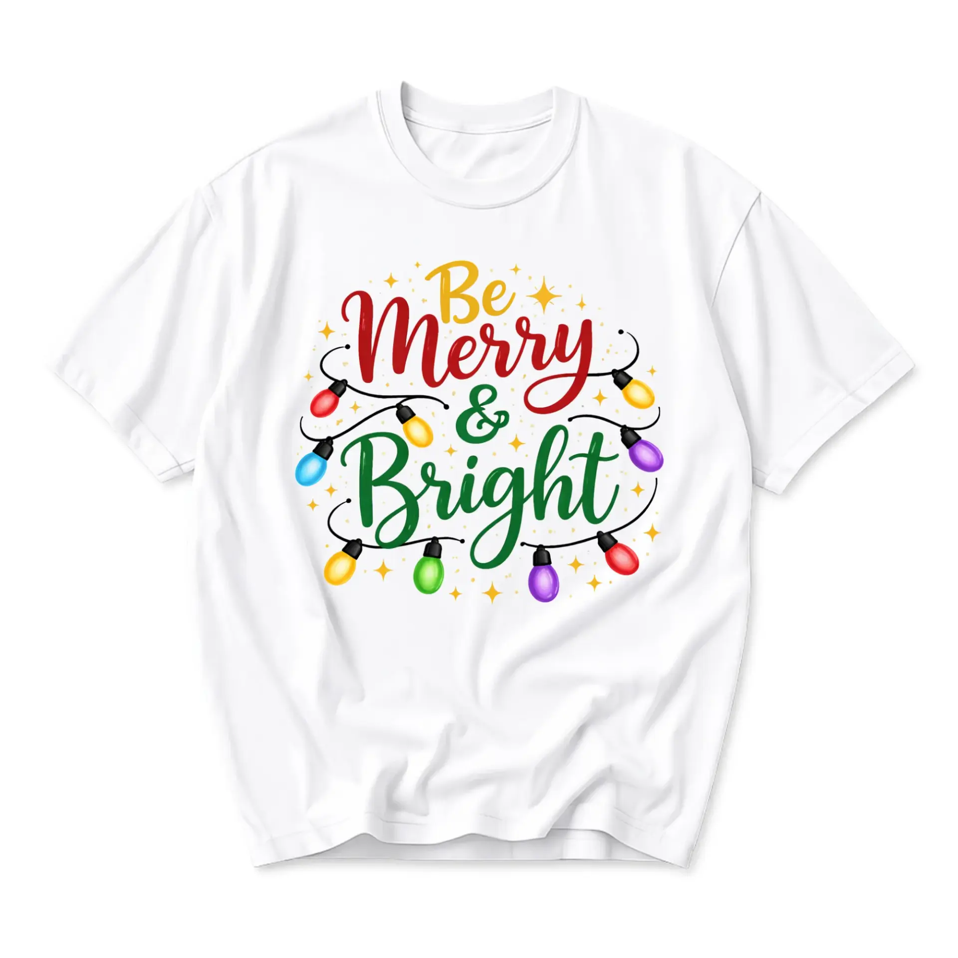 Graphic Tee Be Merry and Bright Holiday Light Bulbs Unisex Casual Crew Neck T-Shirt Soft Breathable Everyday Apparel