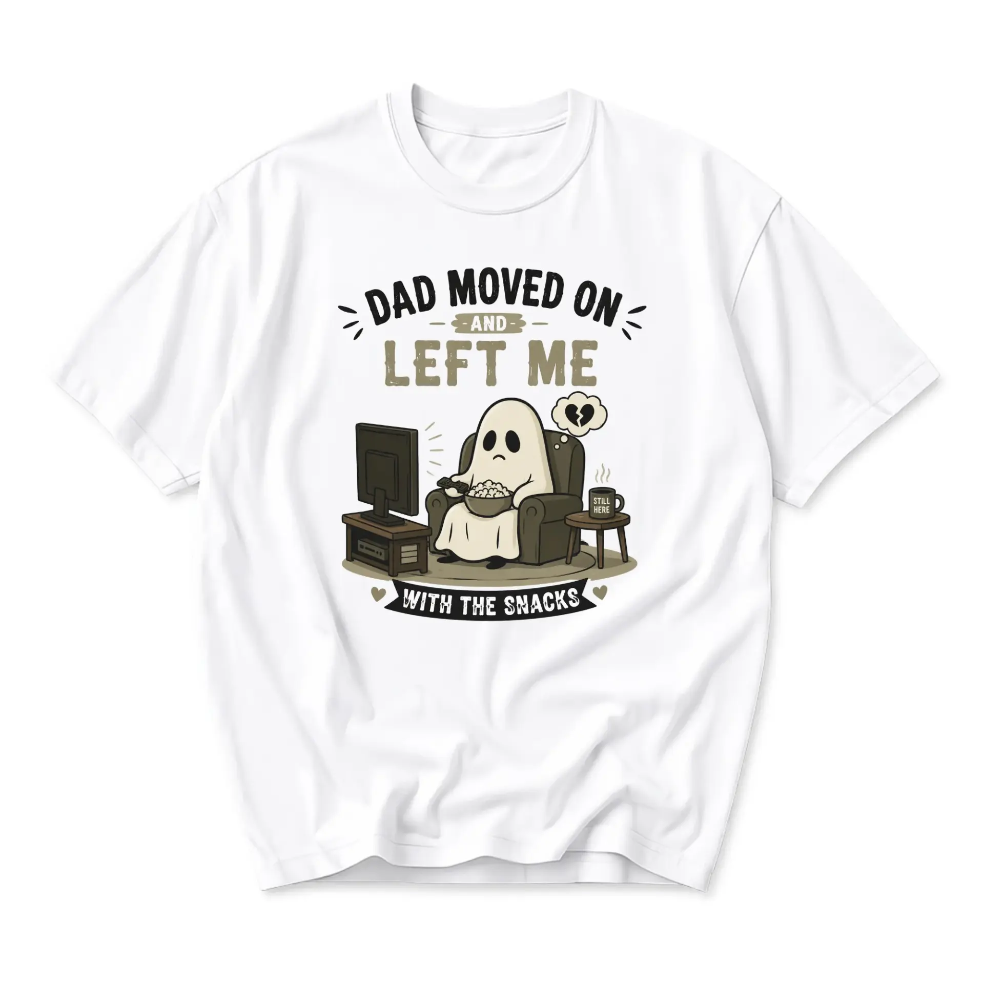 Funny Shirt Dad Moved on and Left Me with the Snacks Graphic Tee Unisex Crew Neck Casual Everyday Short Sleeve Top