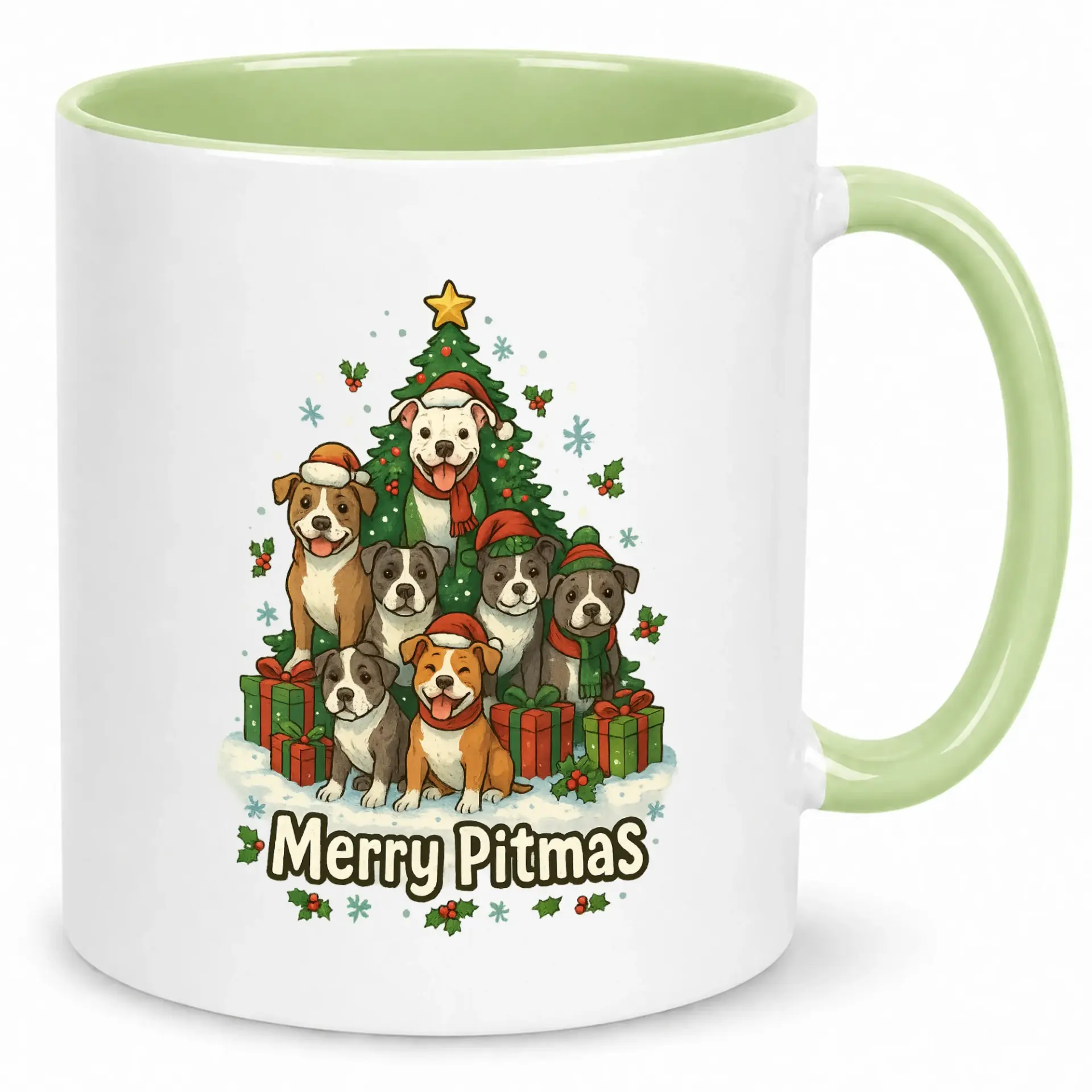 Funny Ceramic Coffee Mug with Merry Pitmas Pitbull Dogs Christmas Tree Design 11oz or 15oz Holiday Drinkware Gift