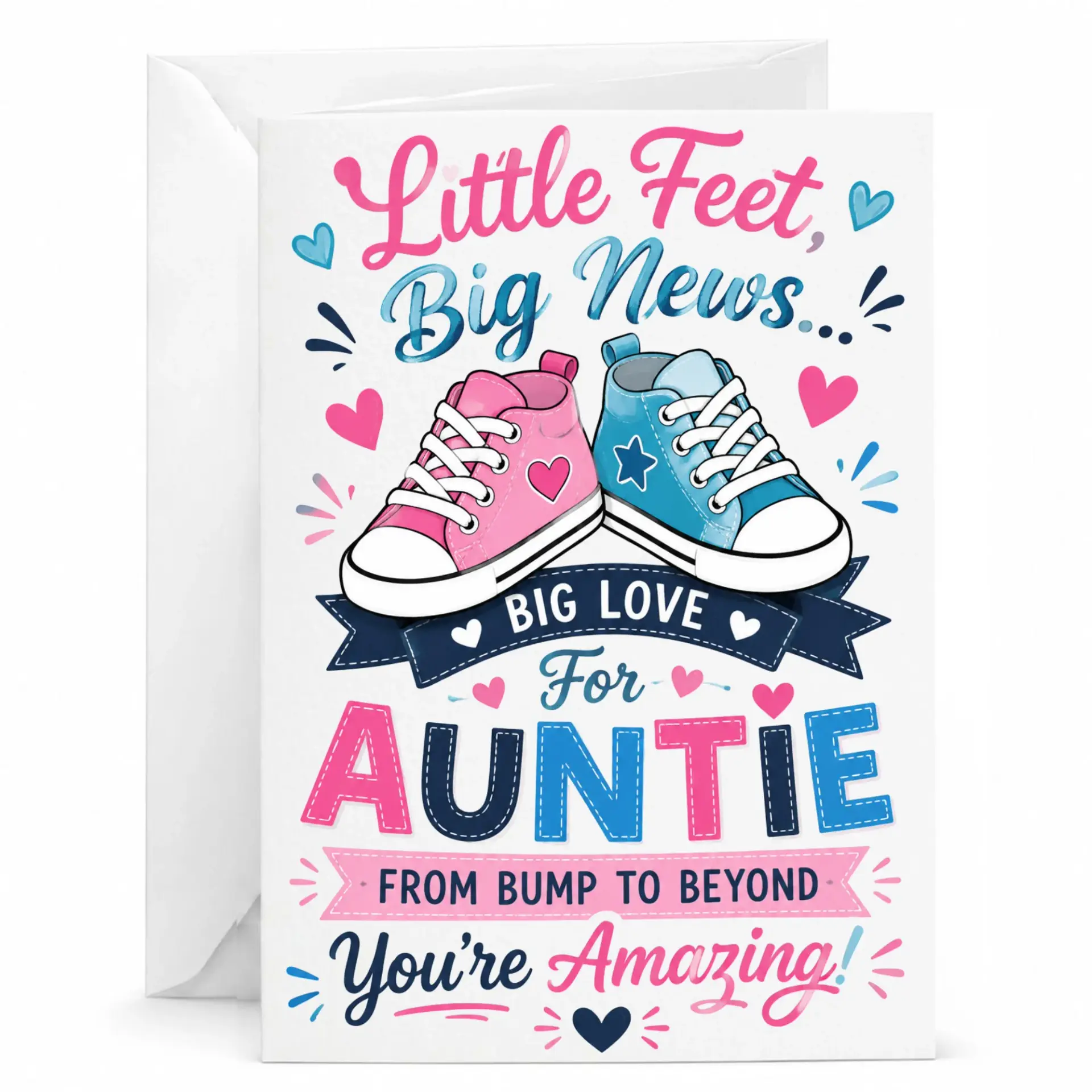 Greeting Card for Auntie from Bump Baby Announcement Design Featuring Cute Pink and Blue Sneakers Heart Accents