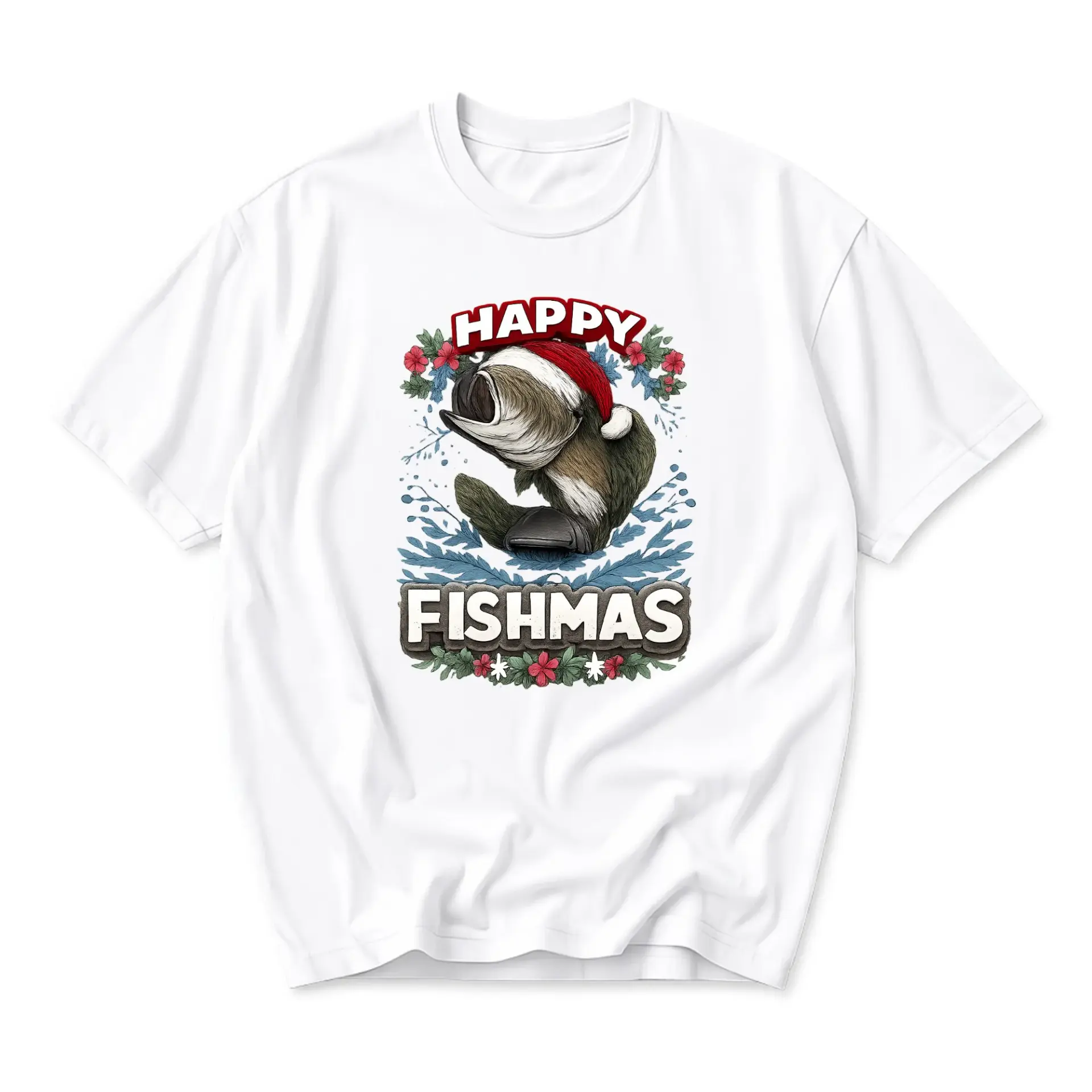 Funny Shirt Happy Fishmas Fishing Holiday Graphic Tee Casual Unisex Crew Neck Short Sleeve Cotton Apparel